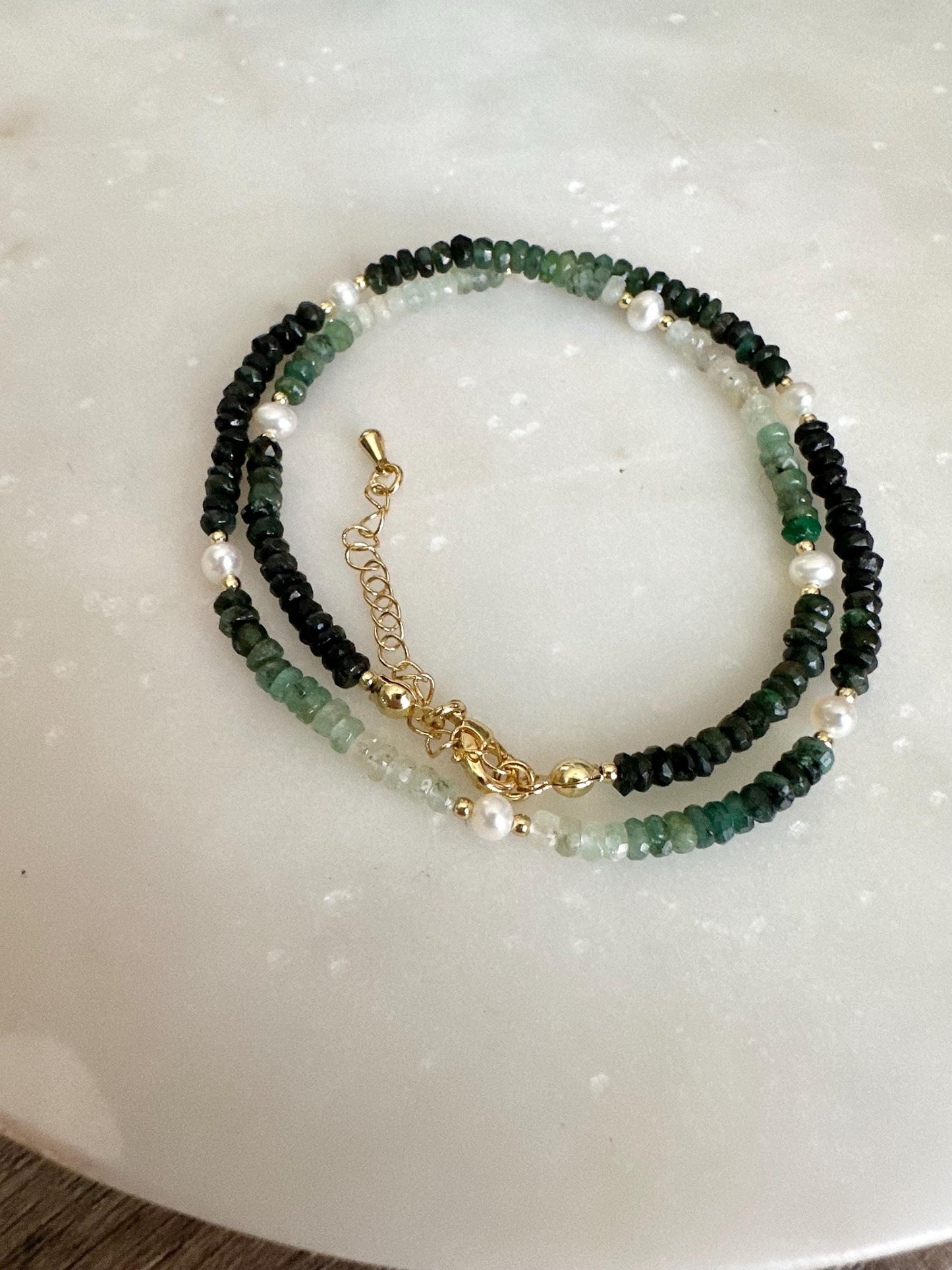 Ombre Emerald Necklace with Freshwater Pearls, Gold Filled Gemstone Necklace, Dainty 16” Layering Jewelry