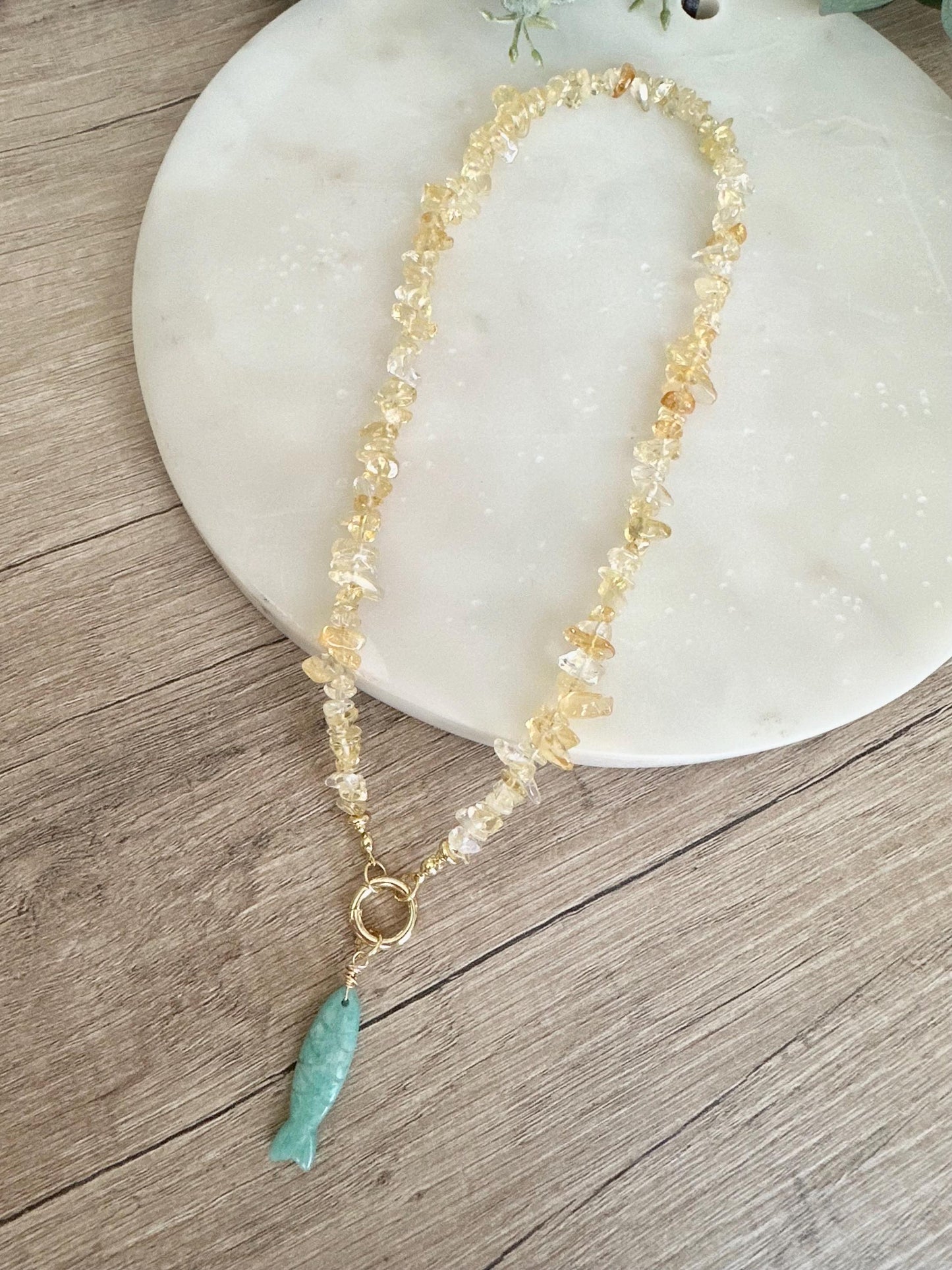 Citrine Chip Necklace with Amazonite Fish Pendant, Yellow Gemstone Necklace