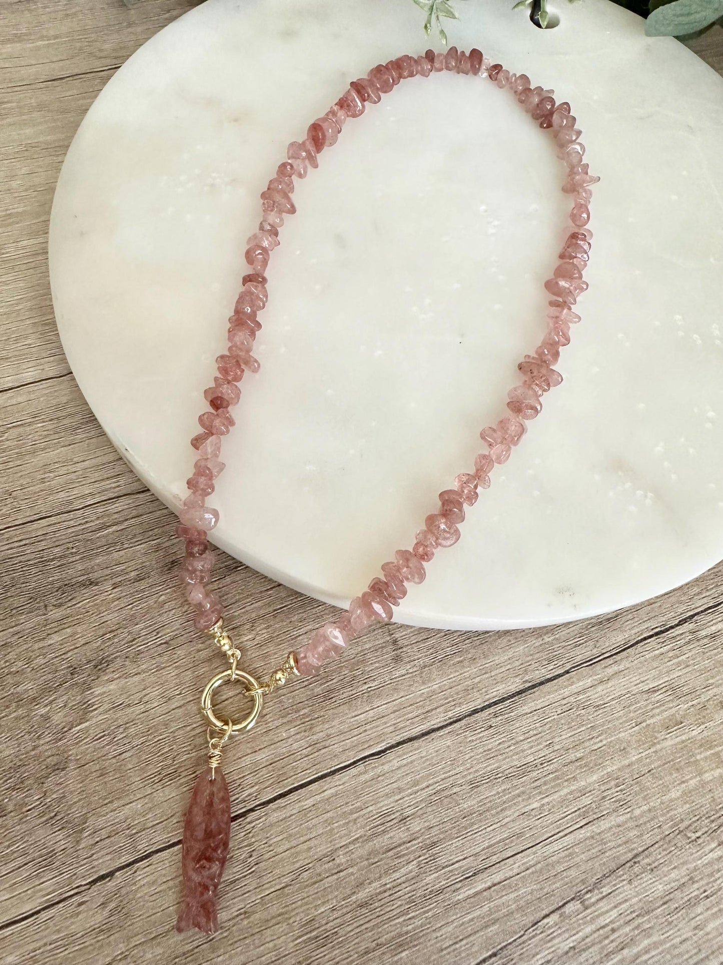 Strawberry Quartz Chip Necklace and Fish Pendant,  Gemstone Necklace