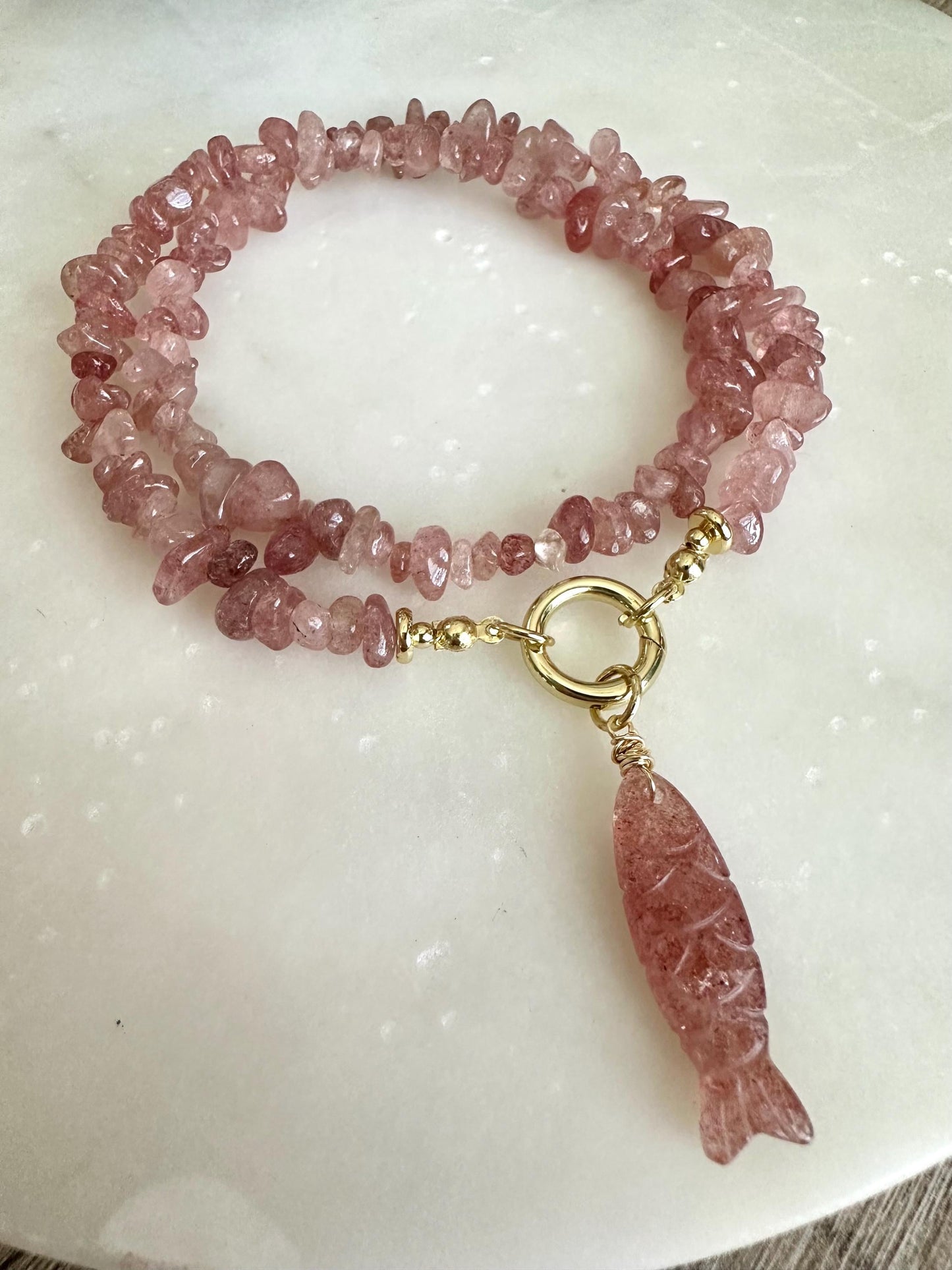 Strawberry Quartz Chip Necklace and Fish Pendant,  Gemstone Necklace