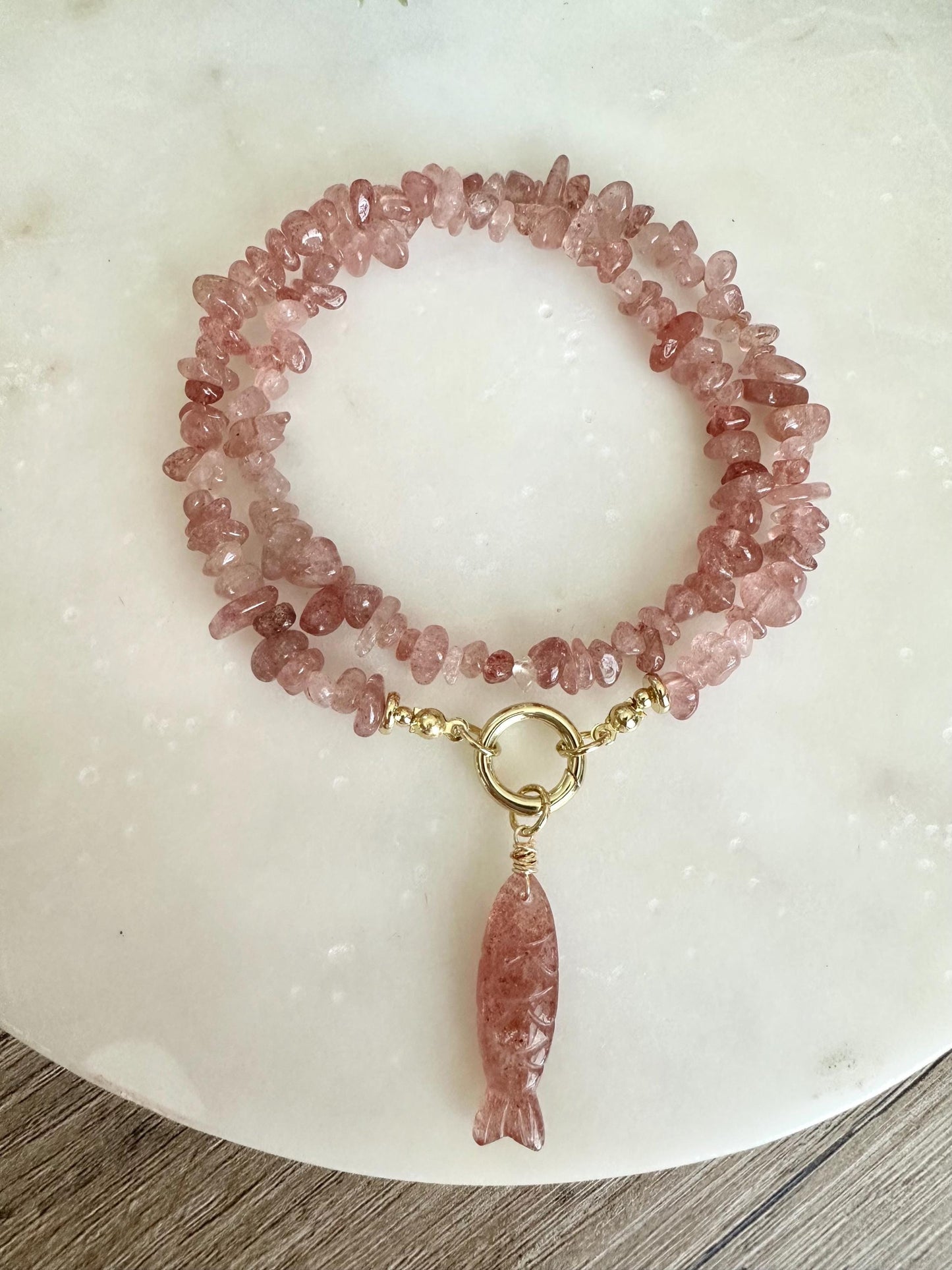 Strawberry Quartz Chip Necklace and Fish Pendant,  Gemstone Necklace