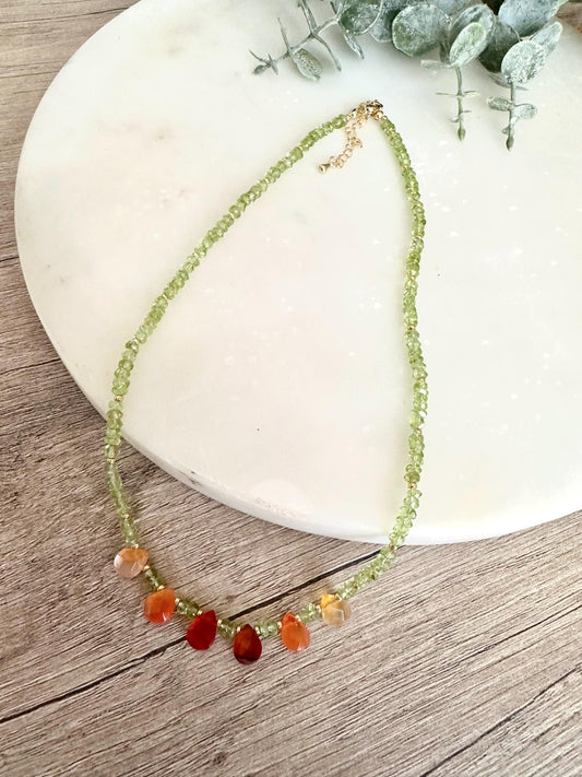 Peridot Necklace with Carnelian Drops, Dainty Green Gemstone Necklace, Gold Filled Minimalist Layering Necklace, Handmade Jewelry