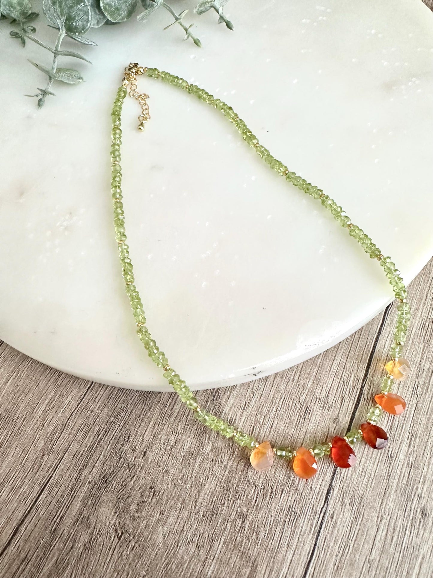 Peridot Necklace with Carnelian Drops, Dainty Green Gemstone Necklace, Gold Filled Minimalist Layering Necklace, Handmade Jewelry