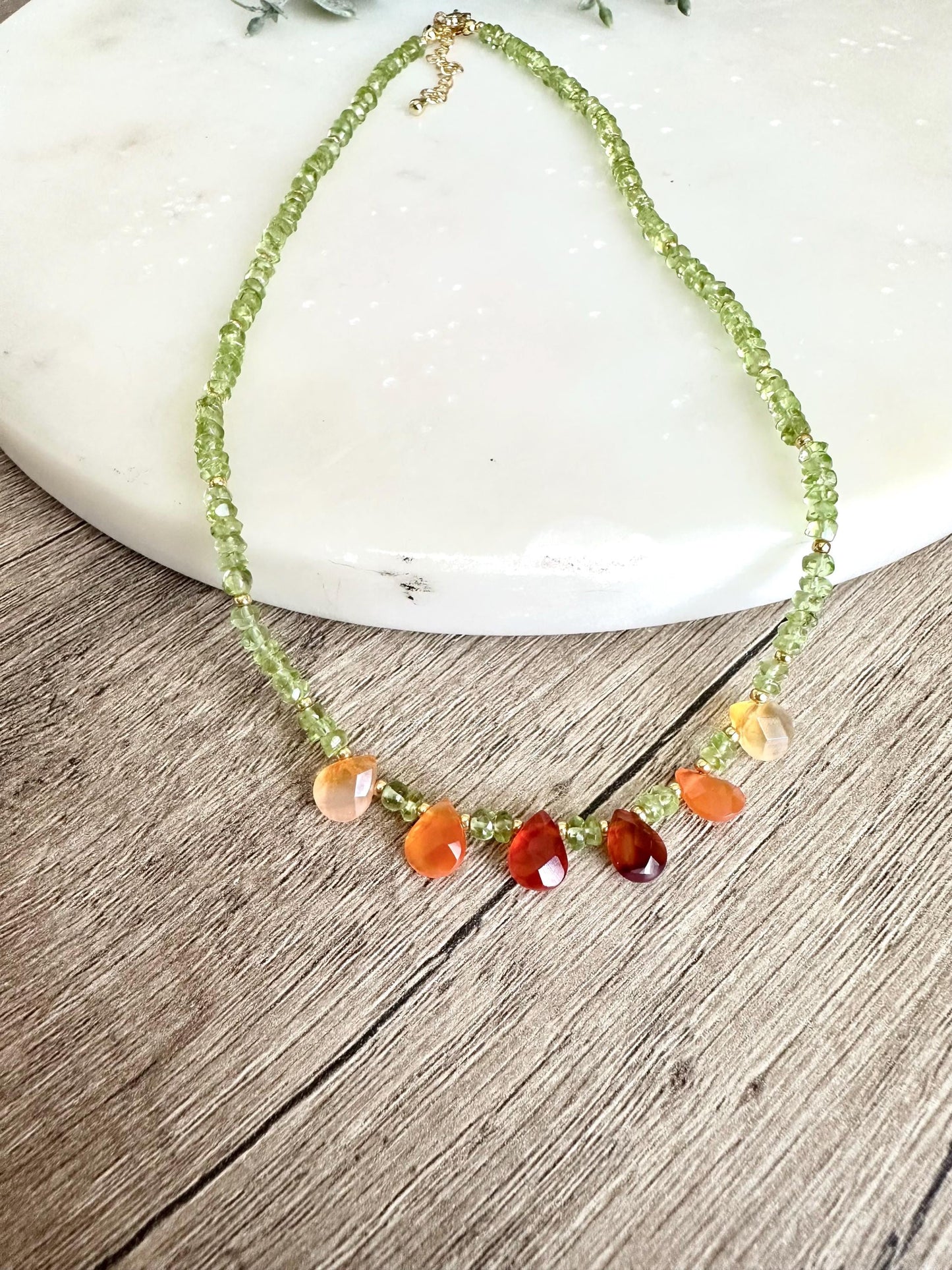 Peridot Necklace with Carnelian Drops, Dainty Green Gemstone Necklace, Gold Filled Minimalist Layering Necklace, Handmade Jewelry