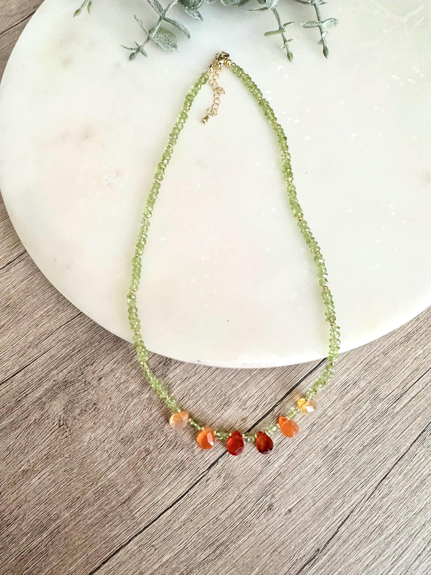 Peridot Necklace with Carnelian Drops, Dainty Green Gemstone Necklace, Gold Filled Minimalist Layering Necklace, Handmade Jewelry