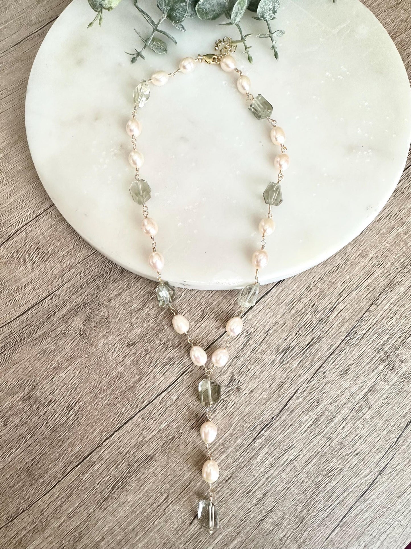 Green Amethyst and Freshwater Pearl Lariat Necklace • Hand Wire Wrapped Bridal Jewelry