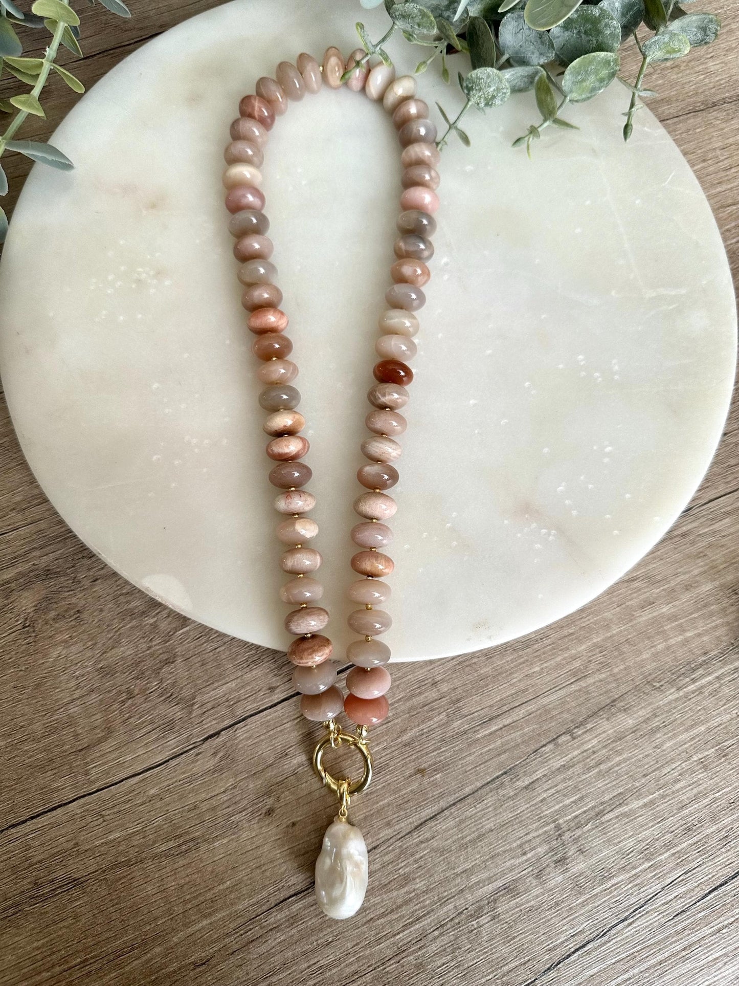 Multi Color Moonstone Necklace with Baroque Pearl Pendant, 12mm Moonstone Beaded Necklace, Gold Filled Clasp, Neutral Statement Jewelry