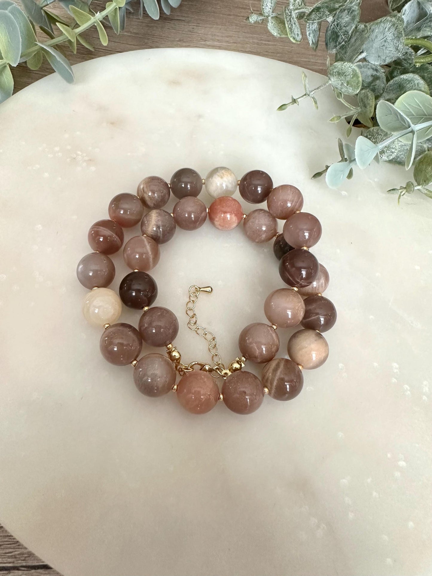 Multi Color Moonstone Necklace, 12mm Moonstone Beaded Necklace, Gold Filled Clasp, Neutral Statement Jewelry