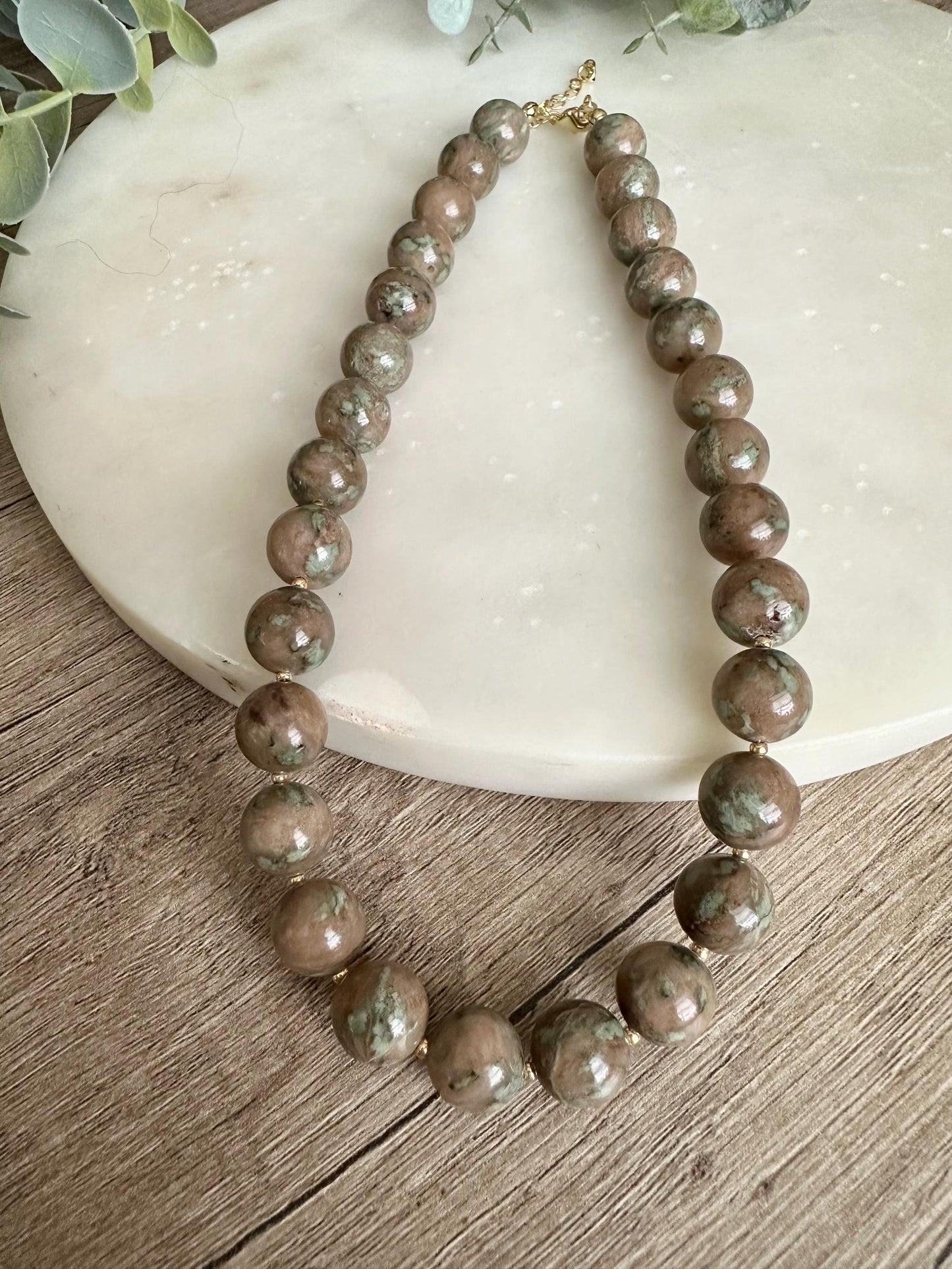 Nundurite Necklace 12mm, Chunky Neutral Beaded Necklace, Earthy Statement Jewelry, Gold Filled Clasp