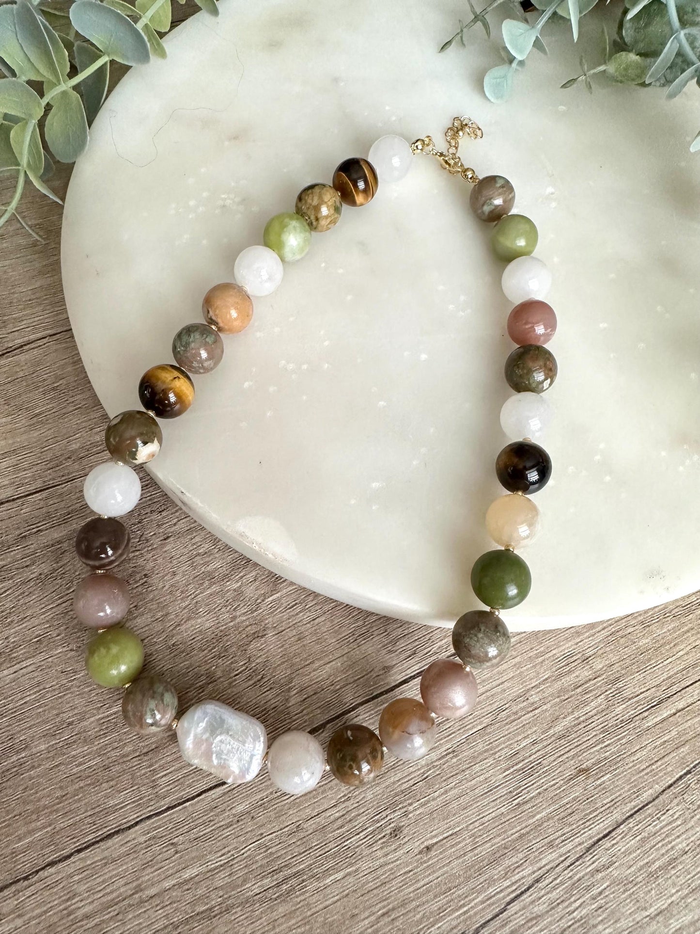 Mixed Gemstone Statement Necklace with Baroque Pearl, 12mm Natural Stone Necklace, One of a Kind Jewelry, Gold Filled