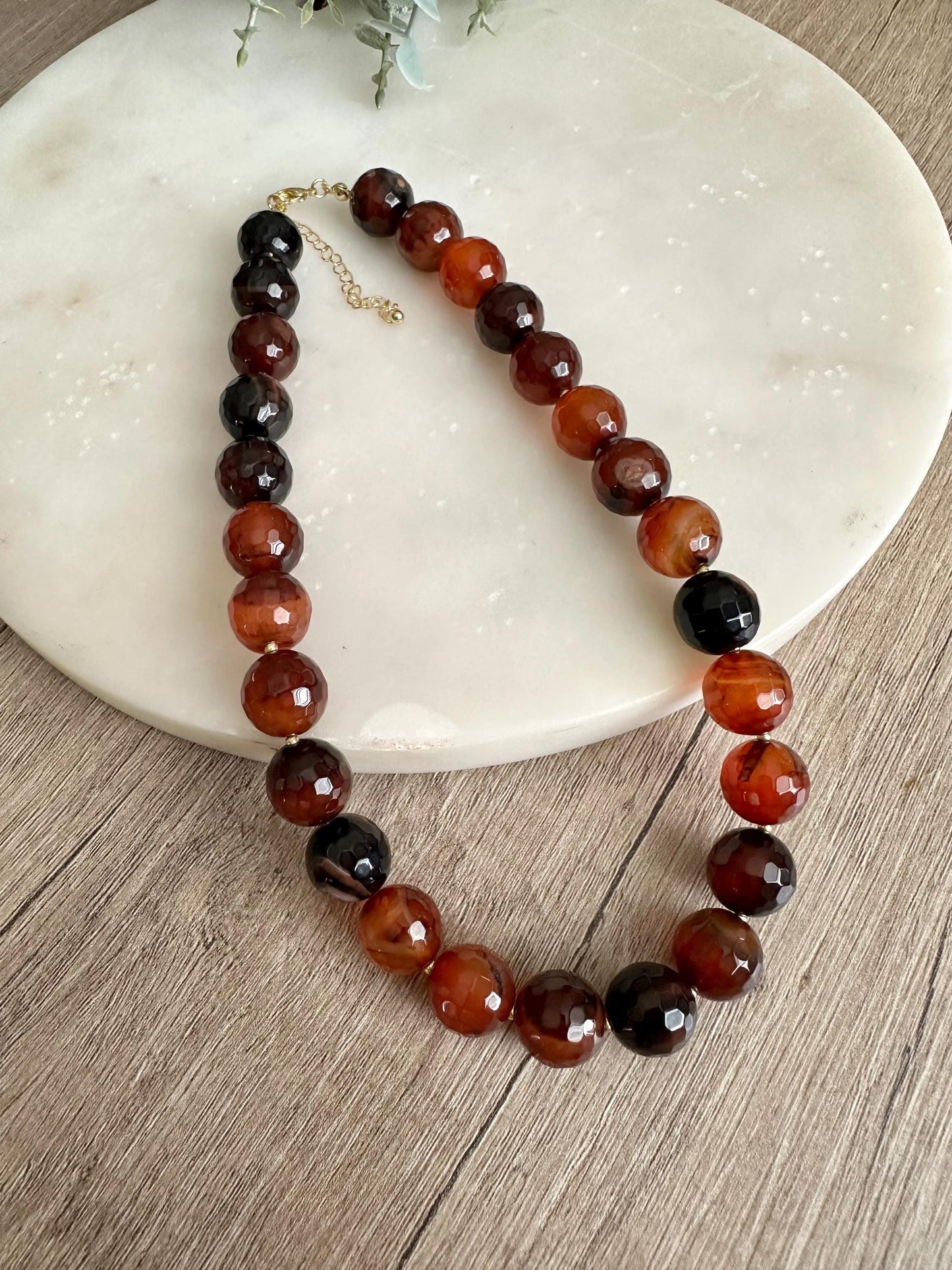 Burnt Caramel Lace Agate Necklace 14mm Faceted Beads, Statement Gemstone Necklace, Gold Filled, Earth Tone Jewelry