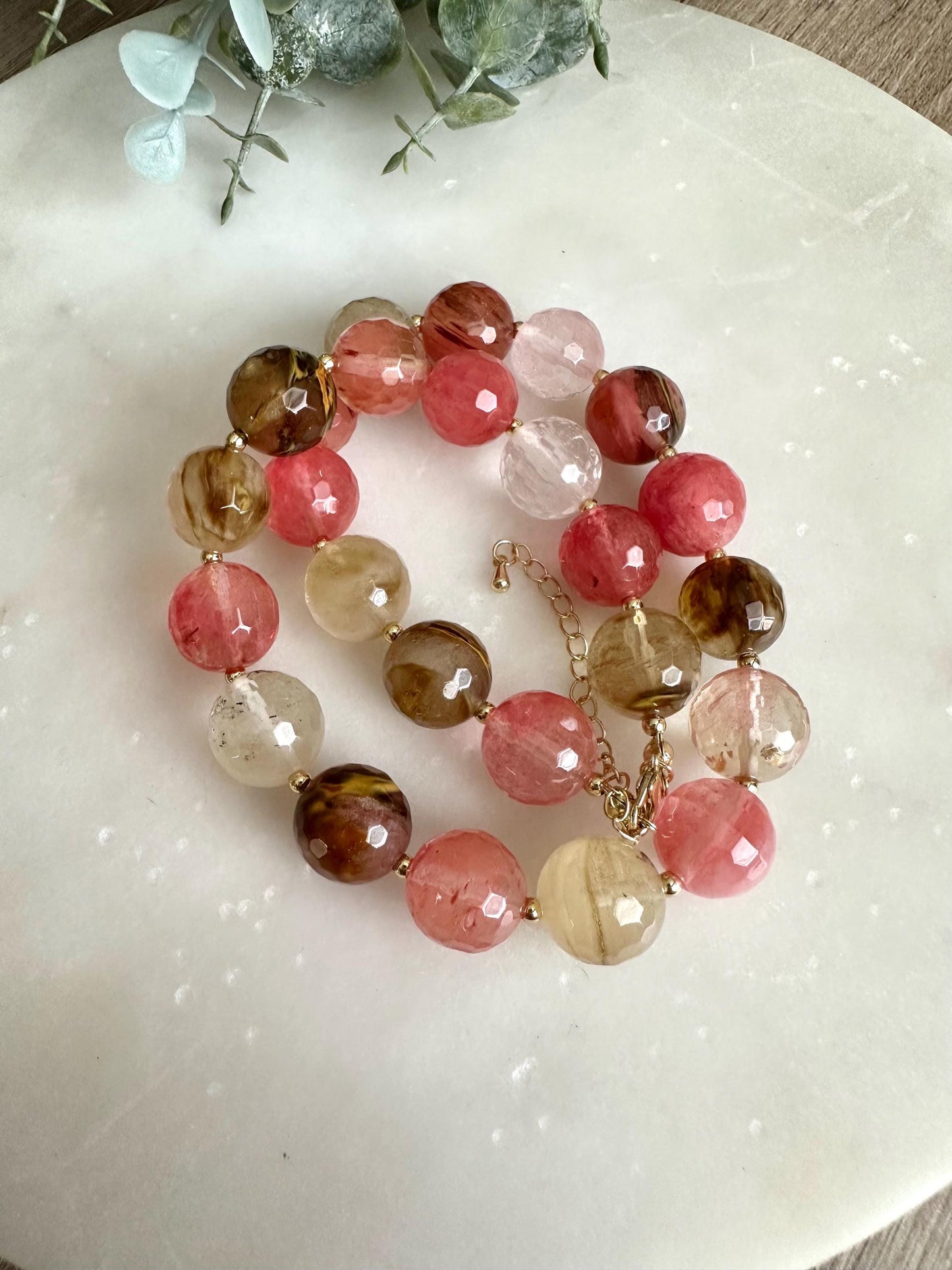 Cherry Quartz Necklace 14mm Faceted Beads, Pink Statement Gemstone Necklace, Gold Filled, Romantic Jewelry, Blush Tone Necklace