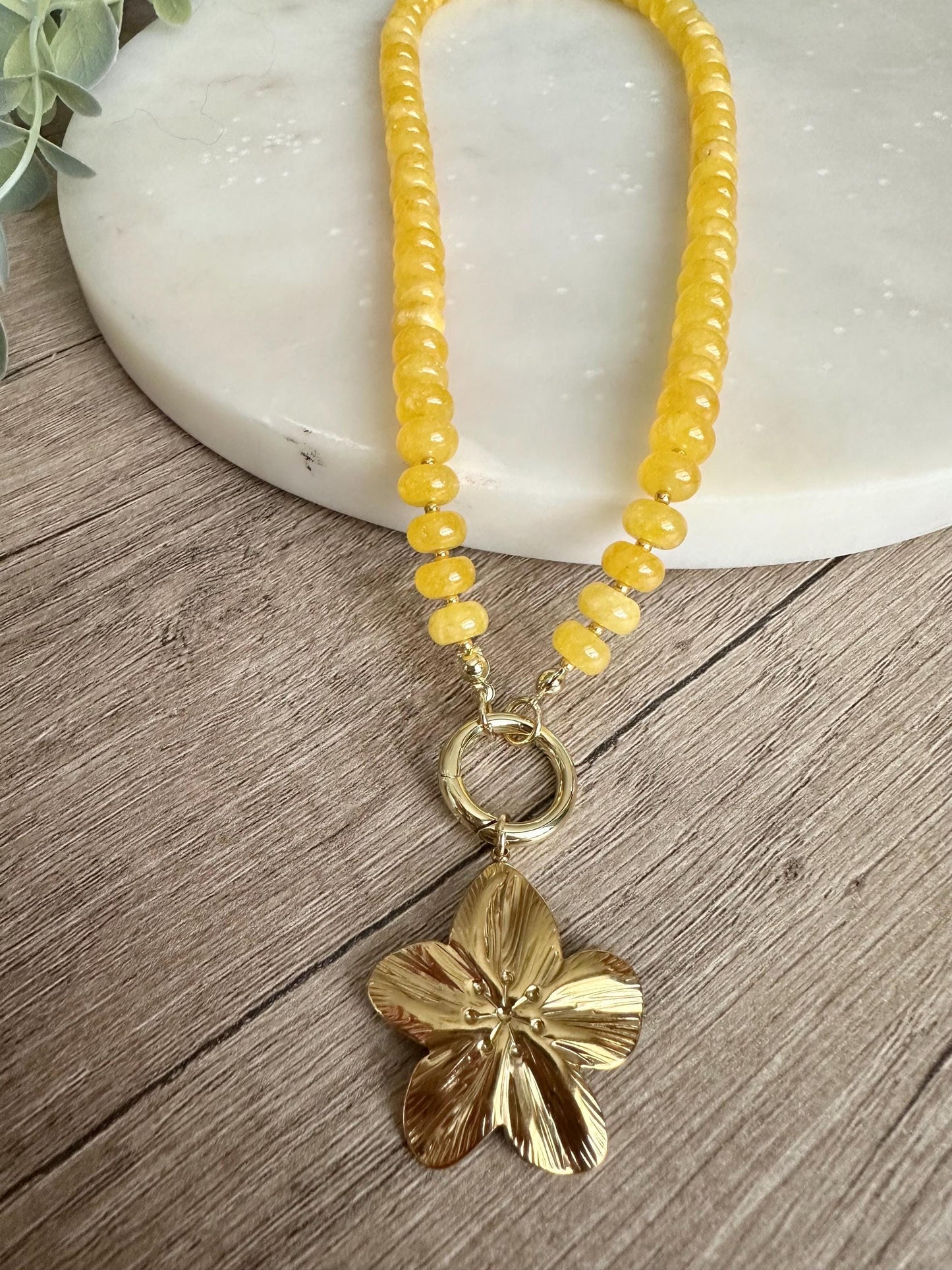 Yellow Jade Flower Pendant Necklace, 18” Beaded Statement Necklace, Gold Filled