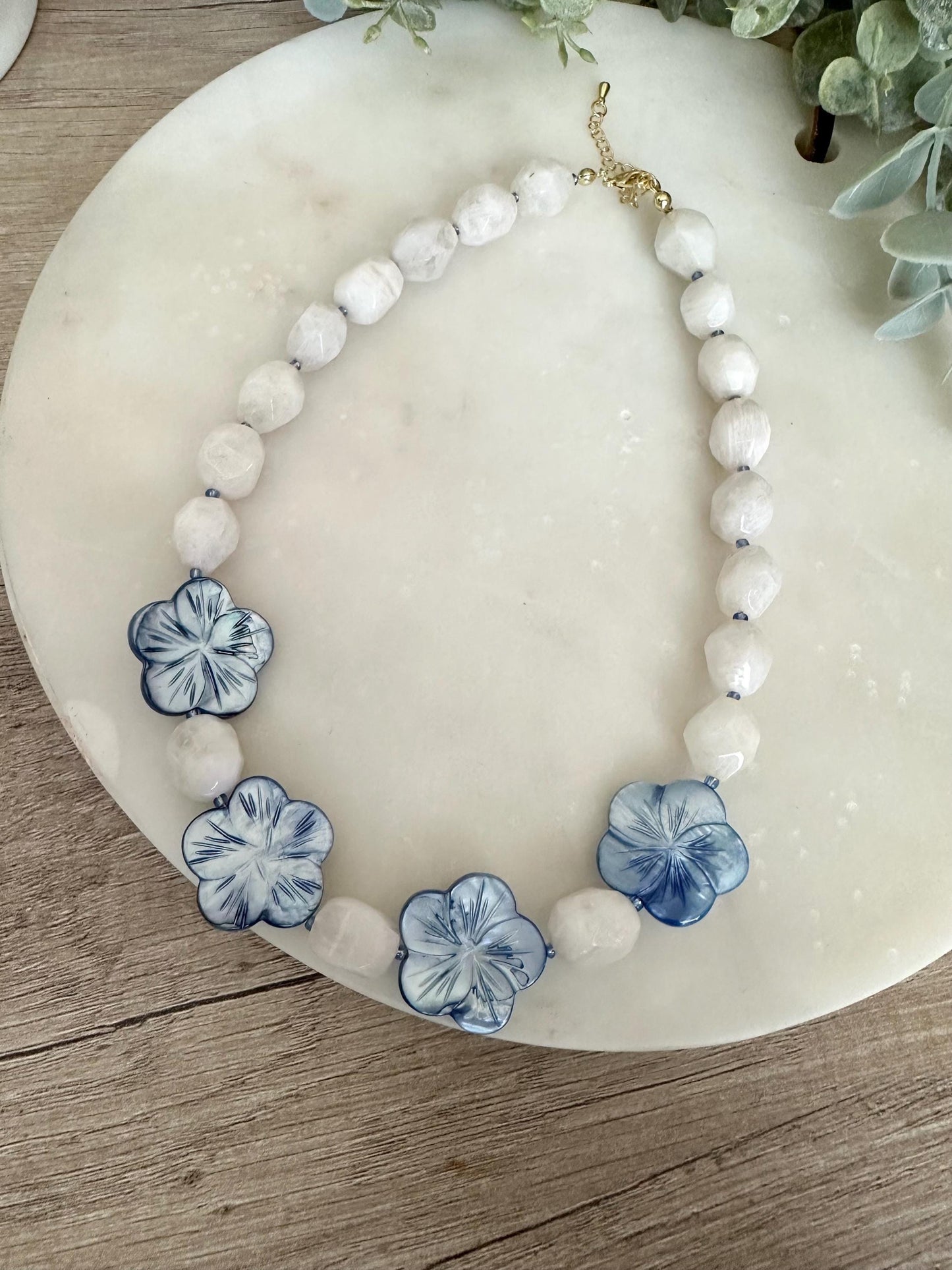 Moonstone & Blue Flower Necklace, Beaded Statement Necklace