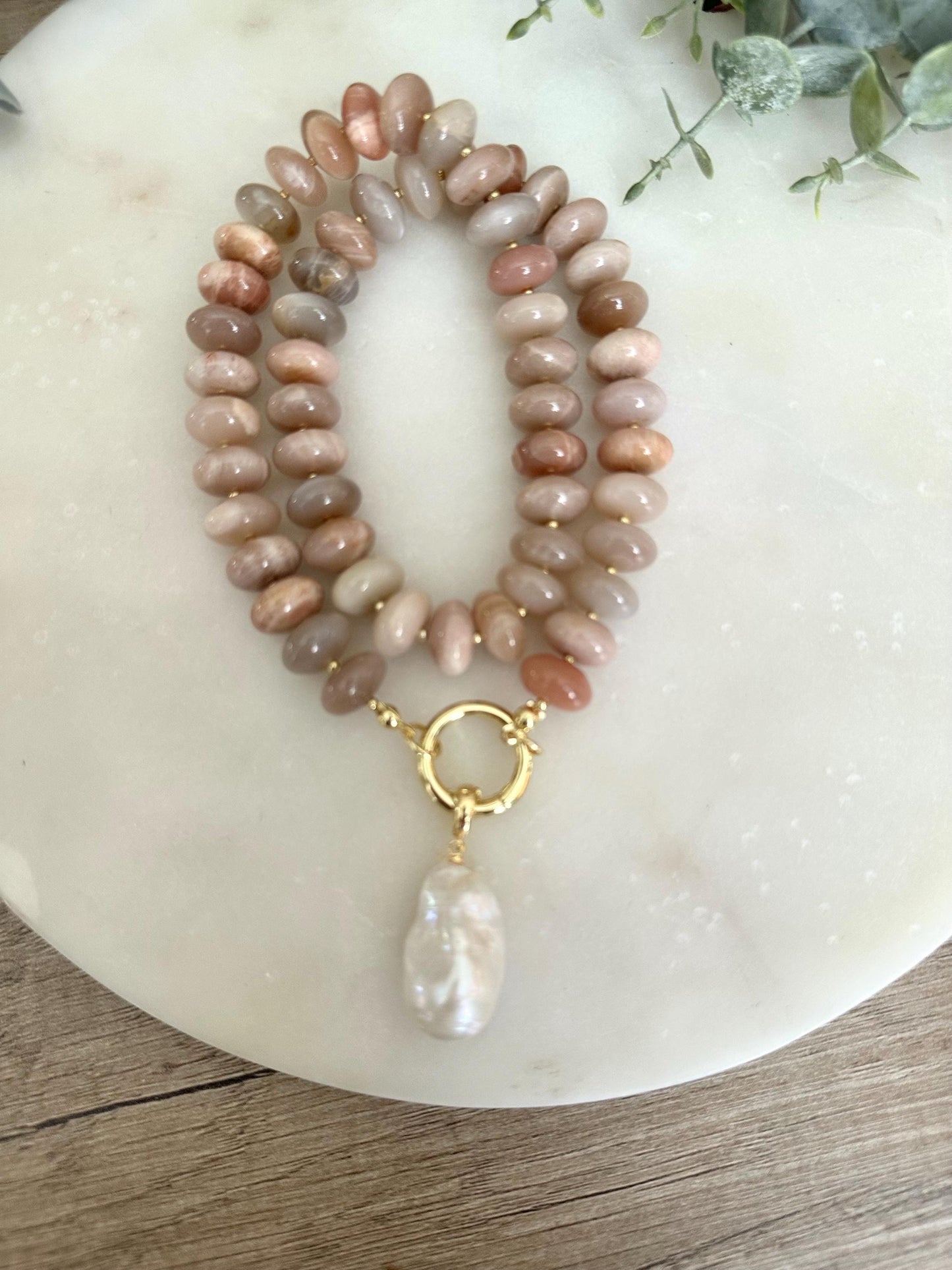 Multi Color Moonstone Necklace with Baroque Pearl Pendant, 12mm Moonstone Beaded Necklace, Gold Filled Clasp, Neutral Statement Jewelry