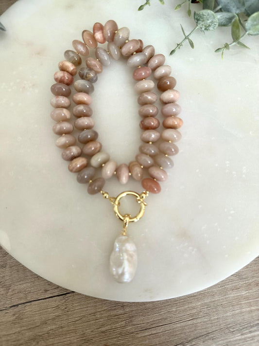 Multi Color Moonstone Necklace with Baroque Pearl Pendant, 12mm Moonstone Beaded Necklace, Gold Filled Clasp, Neutral Statement Jewelry