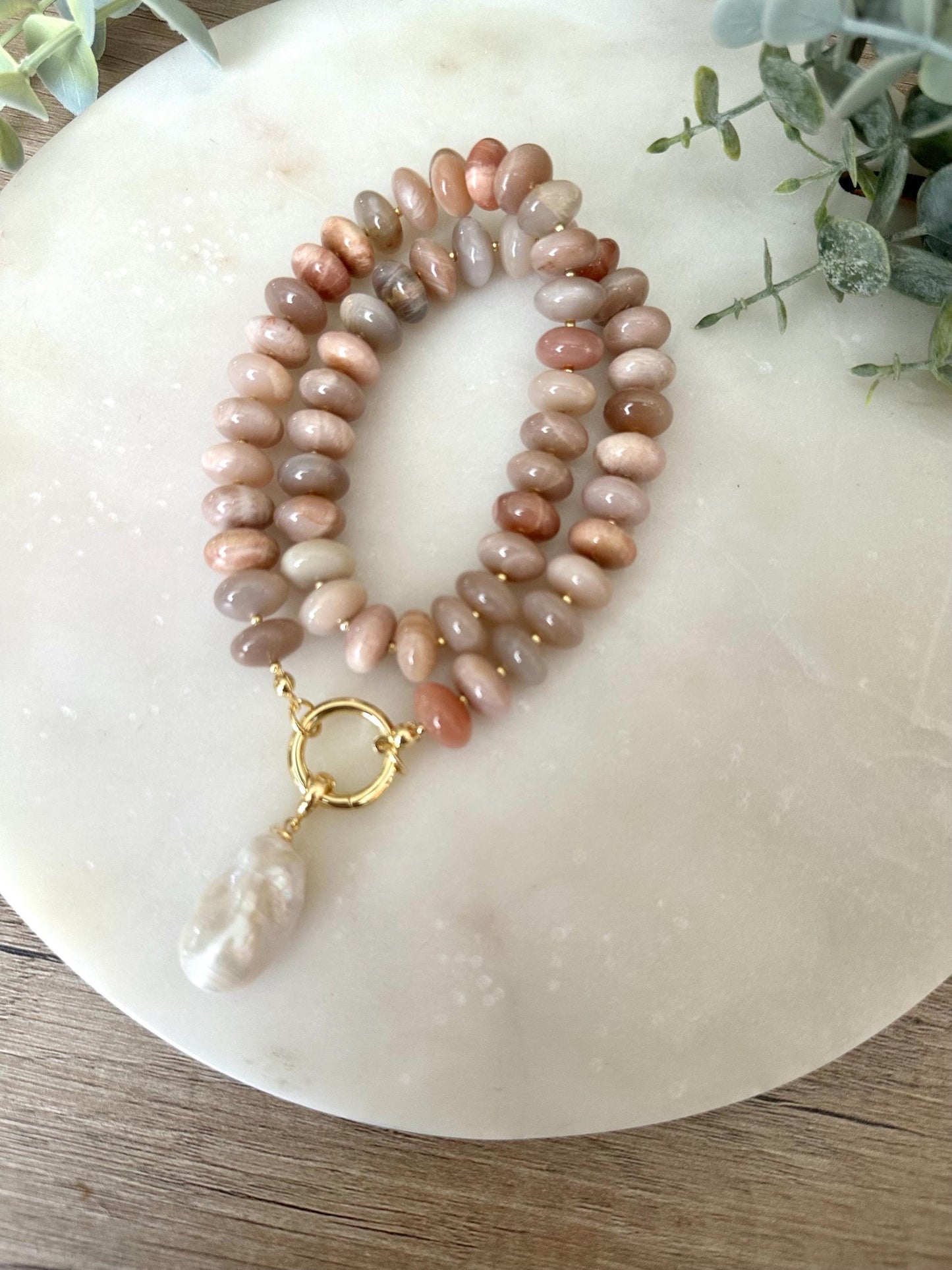 Multi Color Moonstone Necklace with Baroque Pearl Pendant, 12mm Moonstone Beaded Necklace, Gold Filled Clasp, Neutral Statement Jewelry