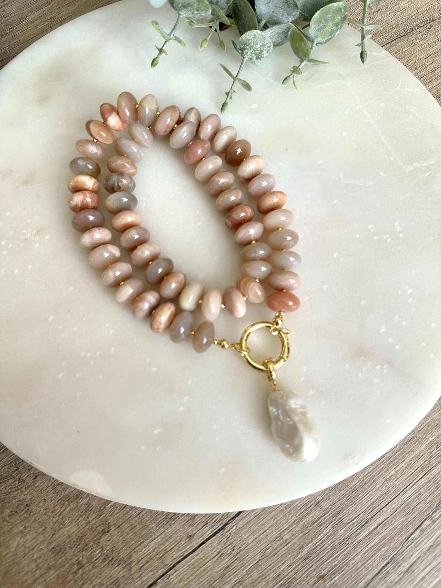 Multi Color Moonstone Necklace with Baroque Pearl Pendant, 12mm Moonstone Beaded Necklace, Gold Filled Clasp, Neutral Statement Jewelry