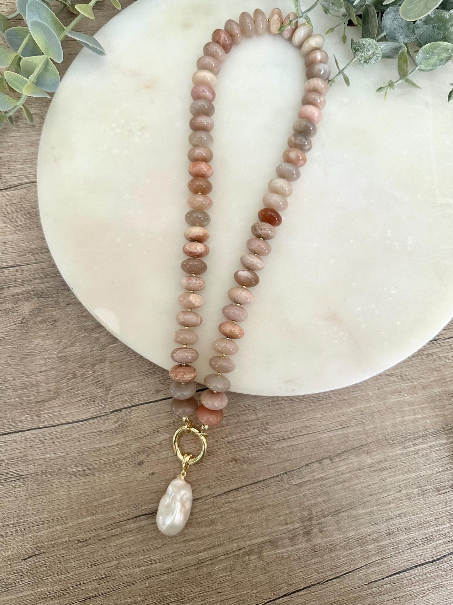 Multi Color Moonstone Necklace with Baroque Pearl Pendant, 12mm Moonstone Beaded Necklace, Gold Filled Clasp, Neutral Statement Jewelry