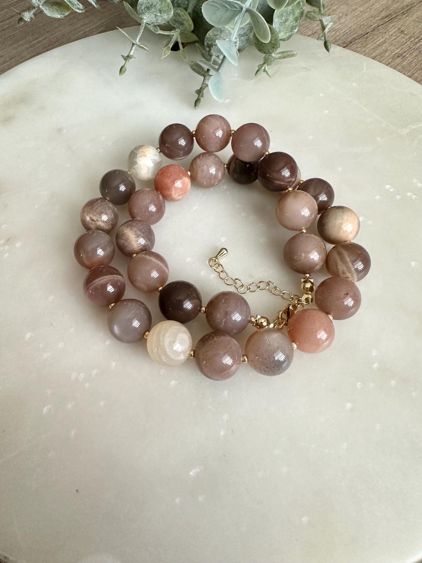 Multi Color Moonstone Necklace, 12mm Moonstone Beaded Necklace, Gold Filled Clasp, Neutral Statement Jewelry