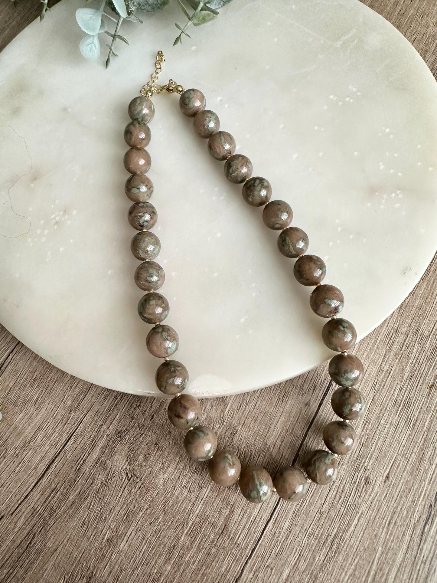 Nundurite Necklace 12mm, Chunky Neutral Beaded Necklace, Earthy Statement Jewelry, Gold Filled Clasp