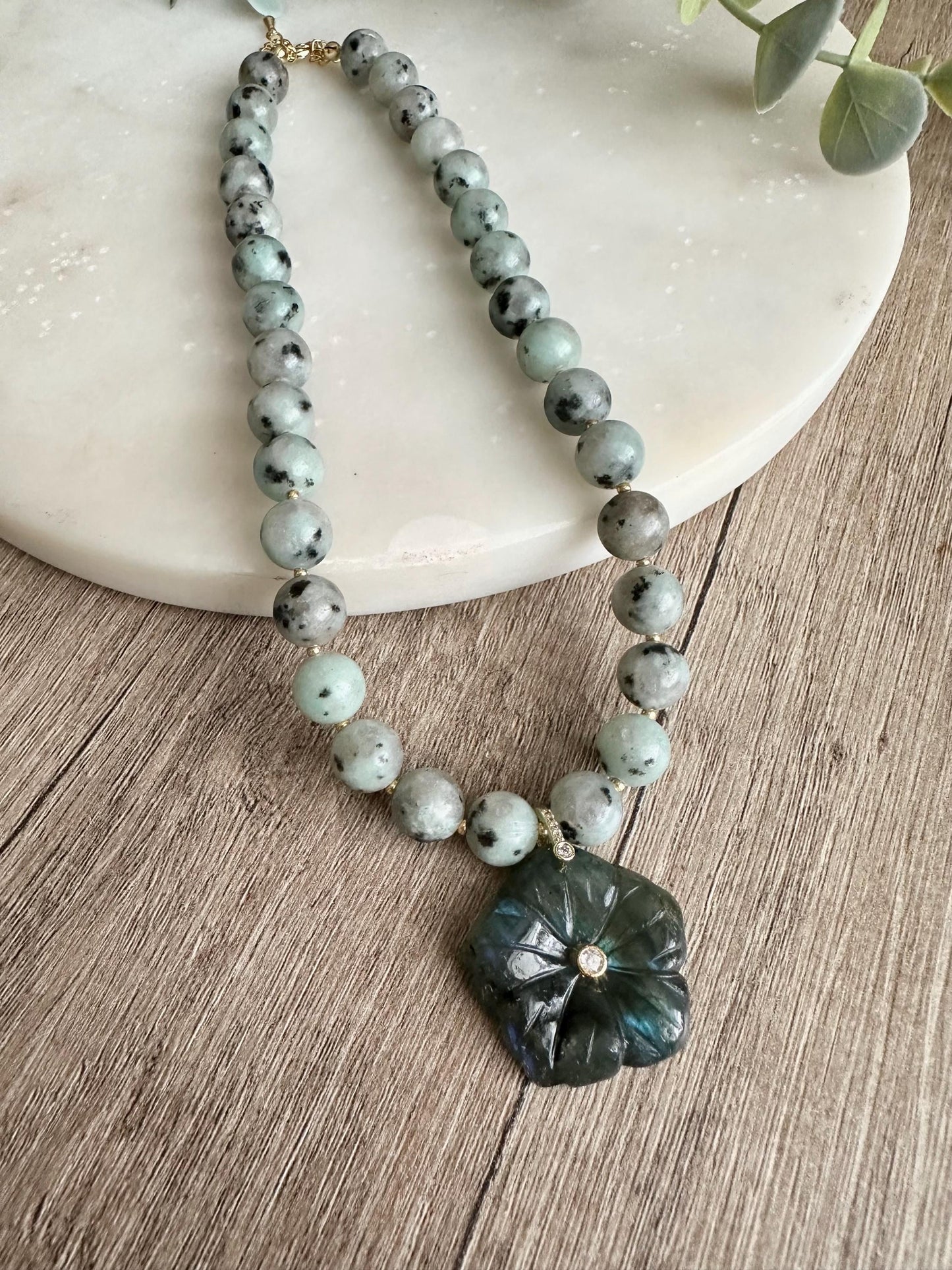 Kiwi Jasper Statement Necklace with Labradorite Flower Pendant, 10mm Green Gemstone Necklace, Gold Filled