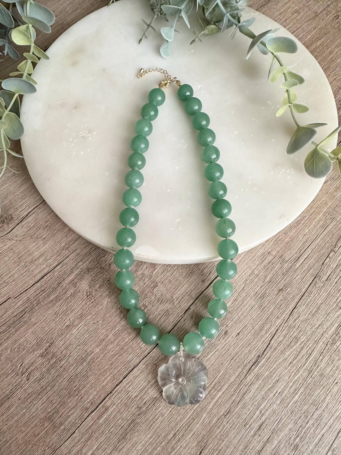 Green Aventurine Statement Necklace with Fluorite Flower Pendant, 12mm Green Gemstone Necklace, Gold Filled