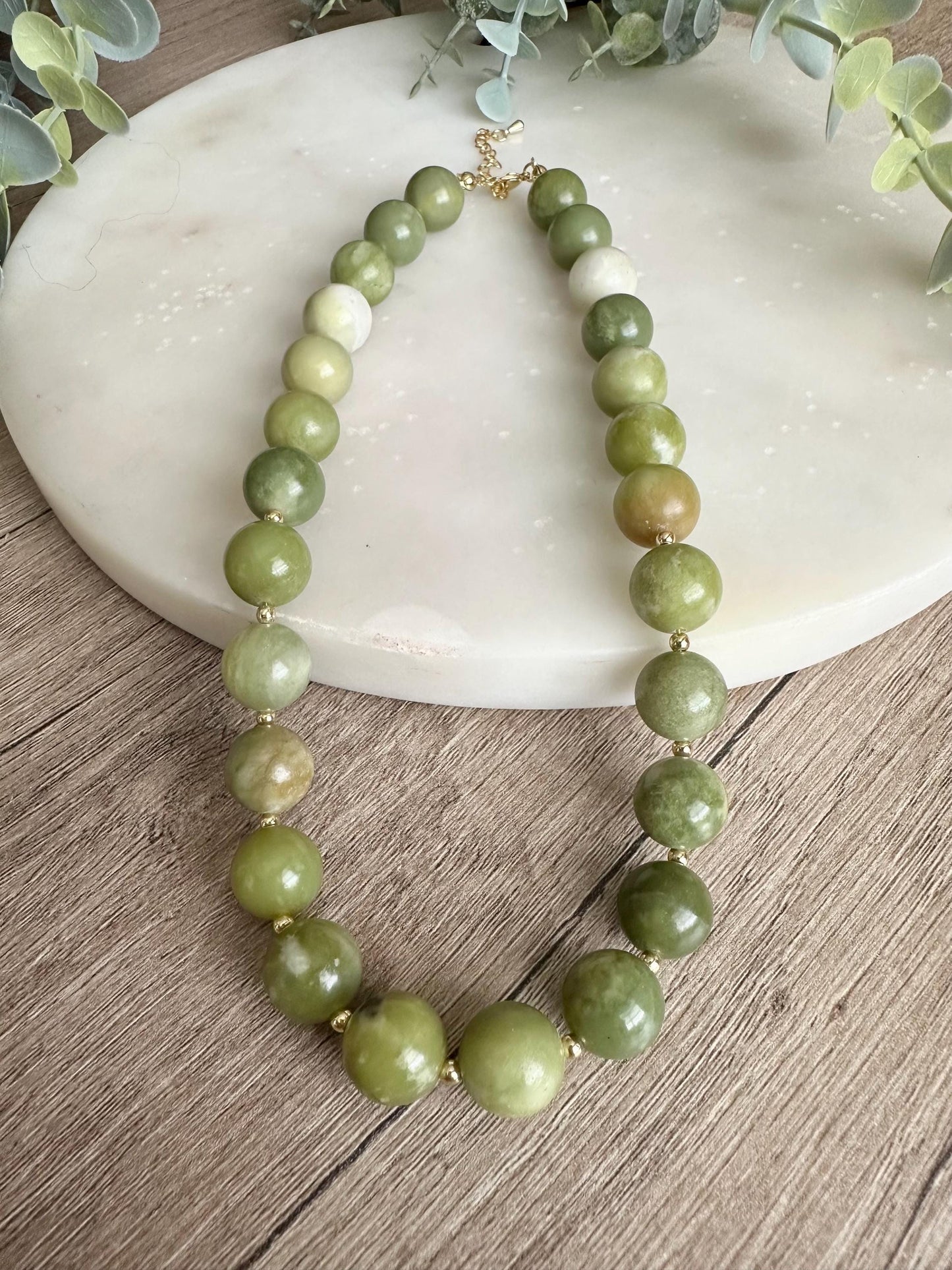 Natural Chinese Green Jade Necklace 12mm, Chunky Beaded Necklace,  Statement Jewelry