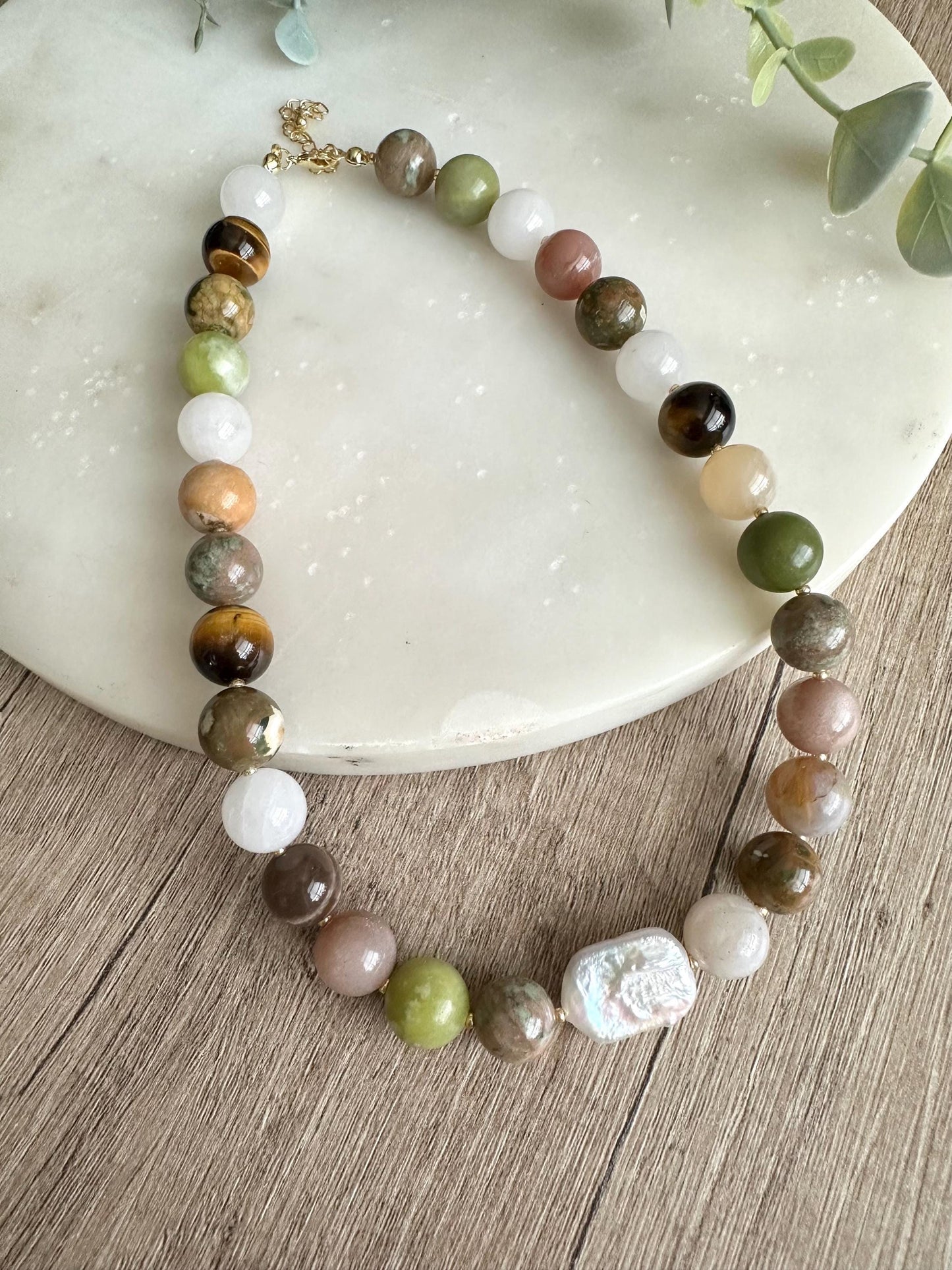 Mixed Gemstone Statement Necklace with Baroque Pearl, 12mm Natural Stone Necklace, One of a Kind Jewelry, Gold Filled