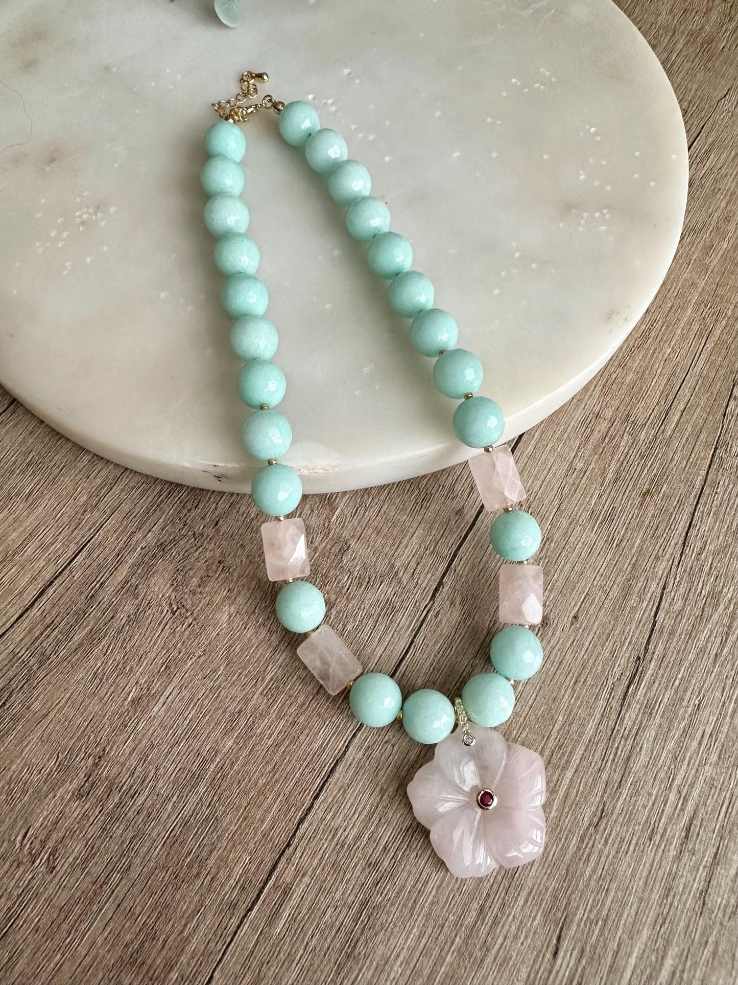 Mint Green Jade with Rose Quartz Statement Necklace with Rose Quartz Flower Pendant, 12 mm Green and Pink Necklace