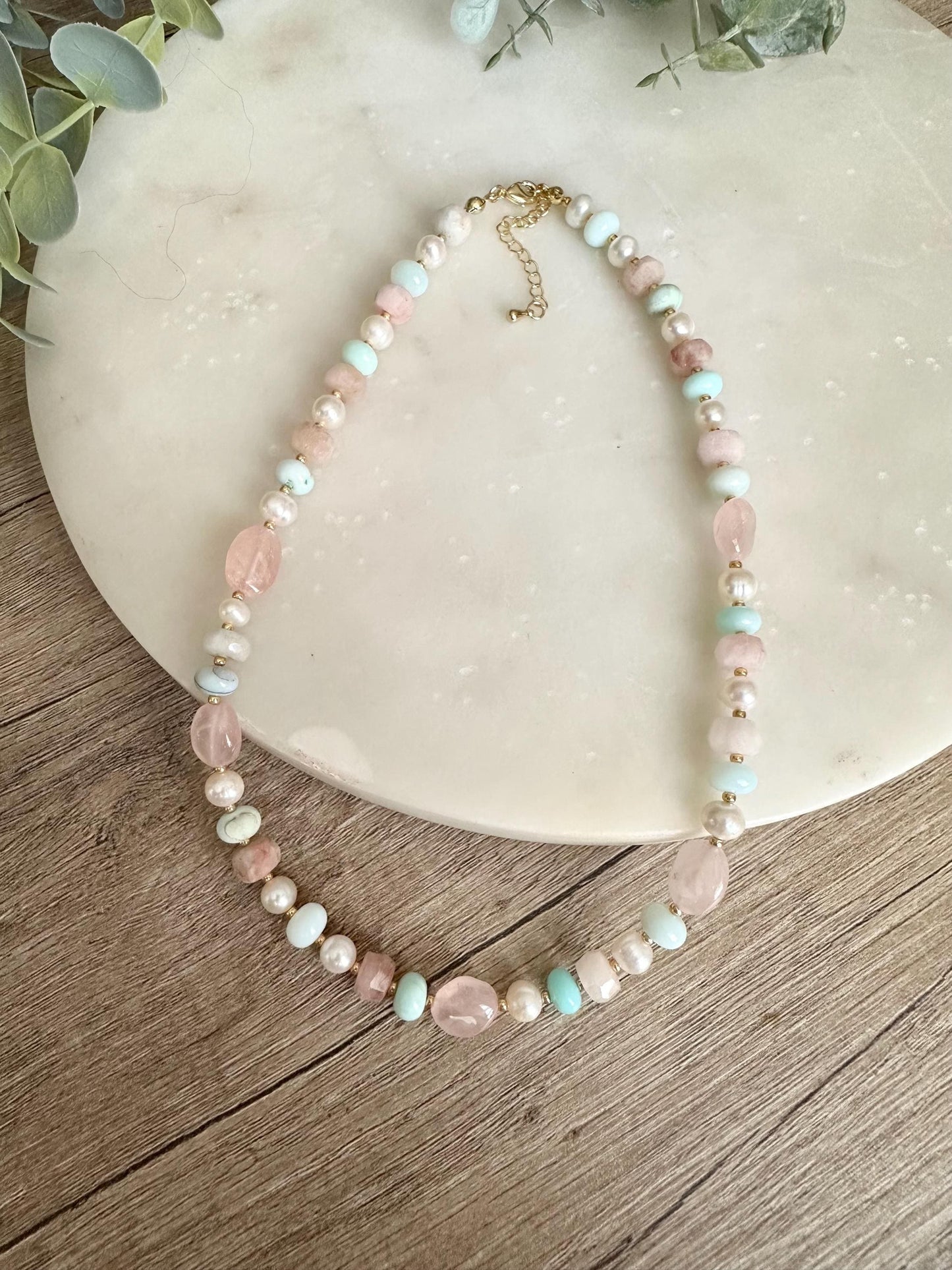 Mixed Gemstone Necklace Opal Rose Quartz Pearl, Pastel Beaded Necklace, Aqua Pink Jewelry, Gold Filled, Delicate Layering Necklace