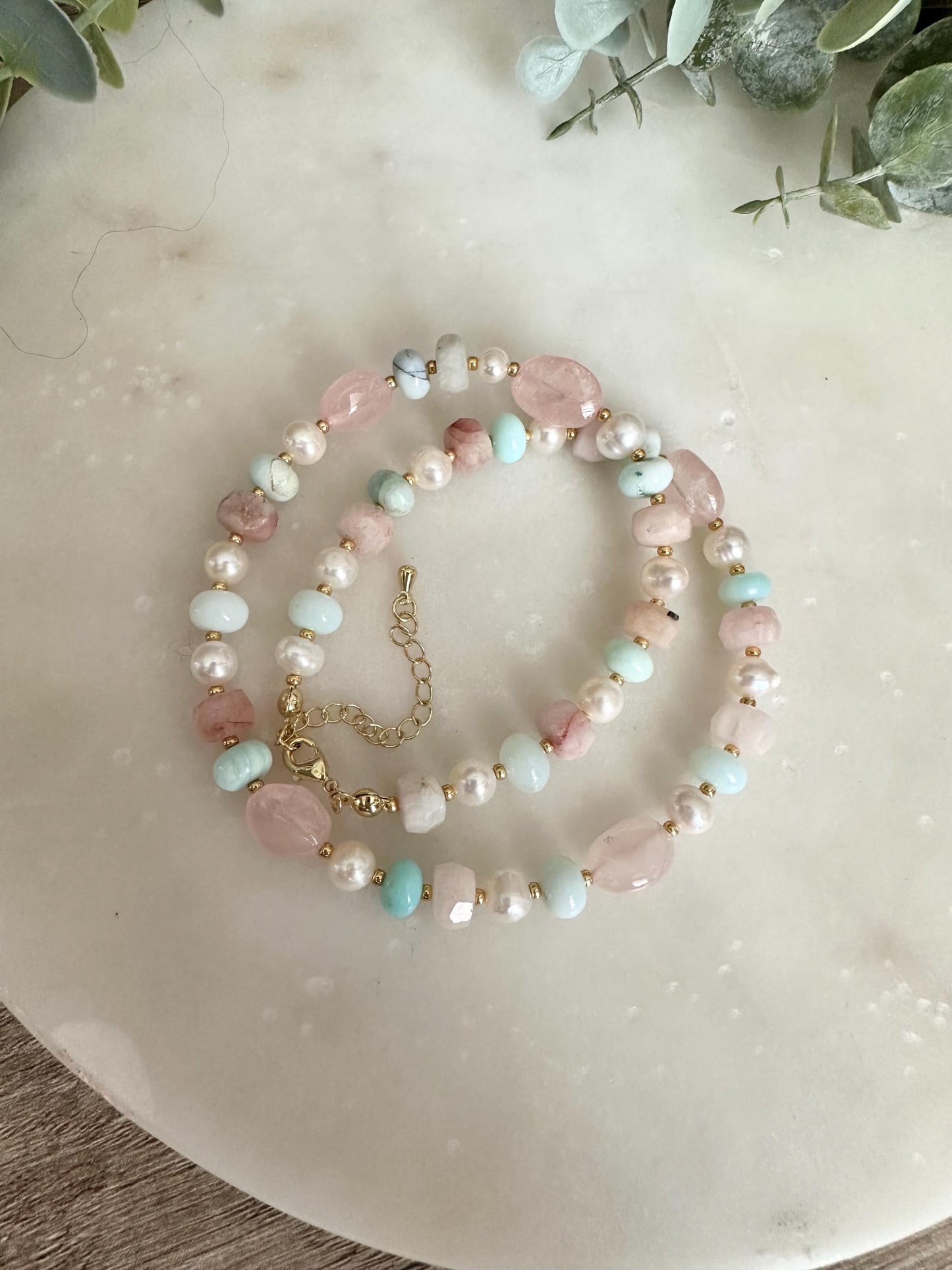 Mixed Gemstone Necklace Opal Rose Quartz Pearl, Pastel Beaded Necklace, Aqua Pink Jewelry, Gold Filled, Delicate Layering Necklace