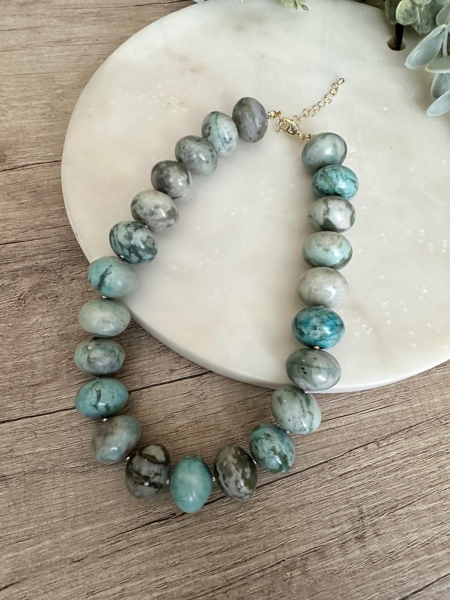 Chunky Jasper Necklace, 20mm Marbled Gemstone Beads, Gold Filled Clasp