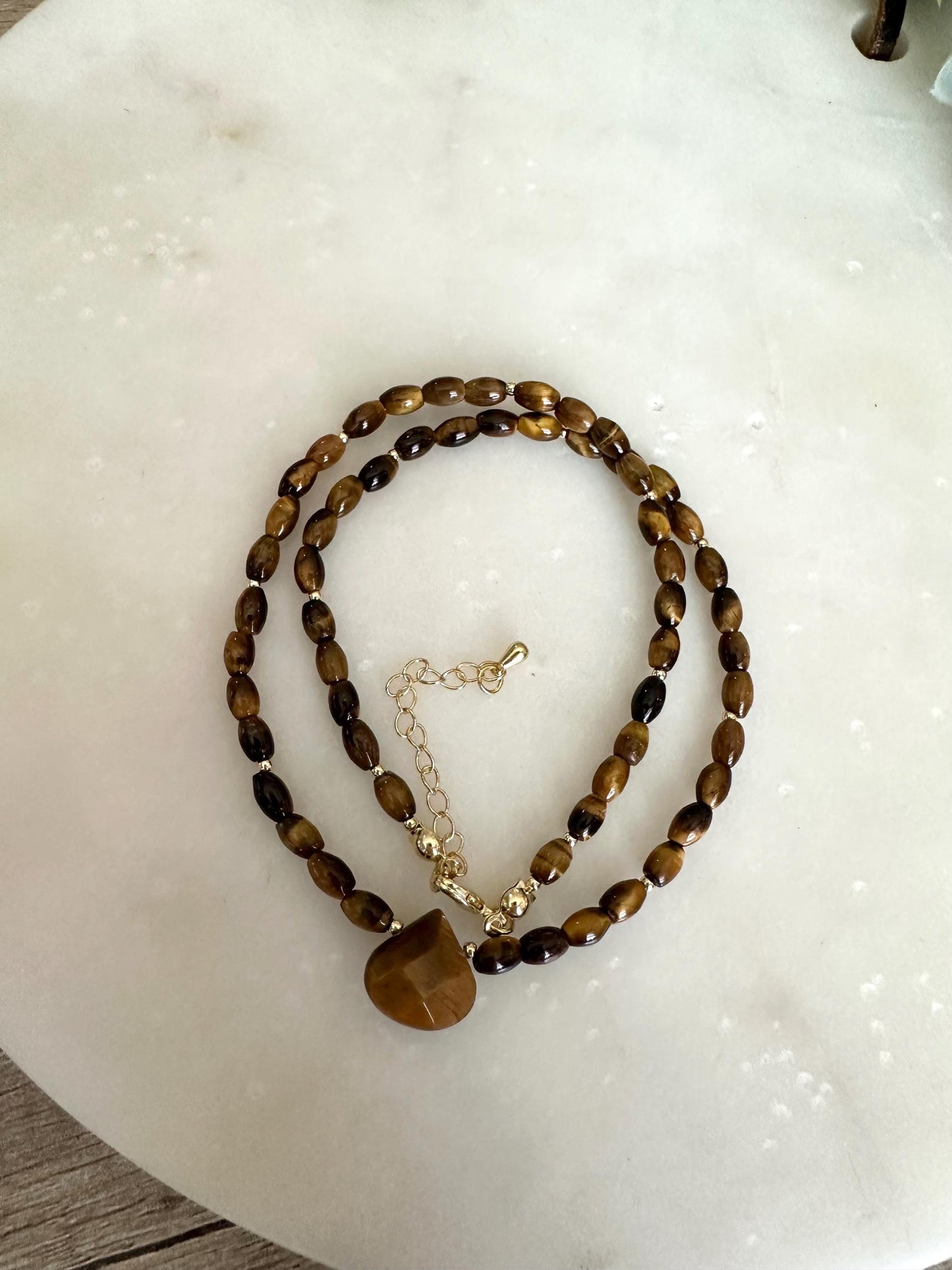 Tiger Eye Necklace with Teardrop Pendant,  Beaded Necklace, Earthy Minimal Jewelry