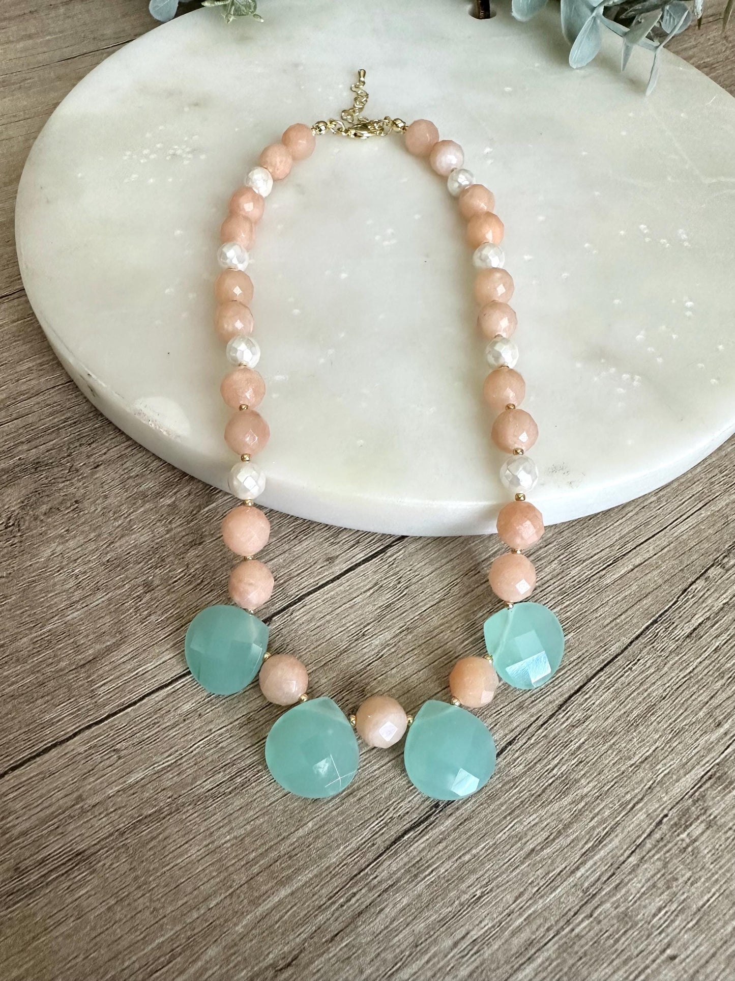 Peach Aventurine Shell Pearl Aqua Quartz Statement Necklace, Gold Filled Clasp