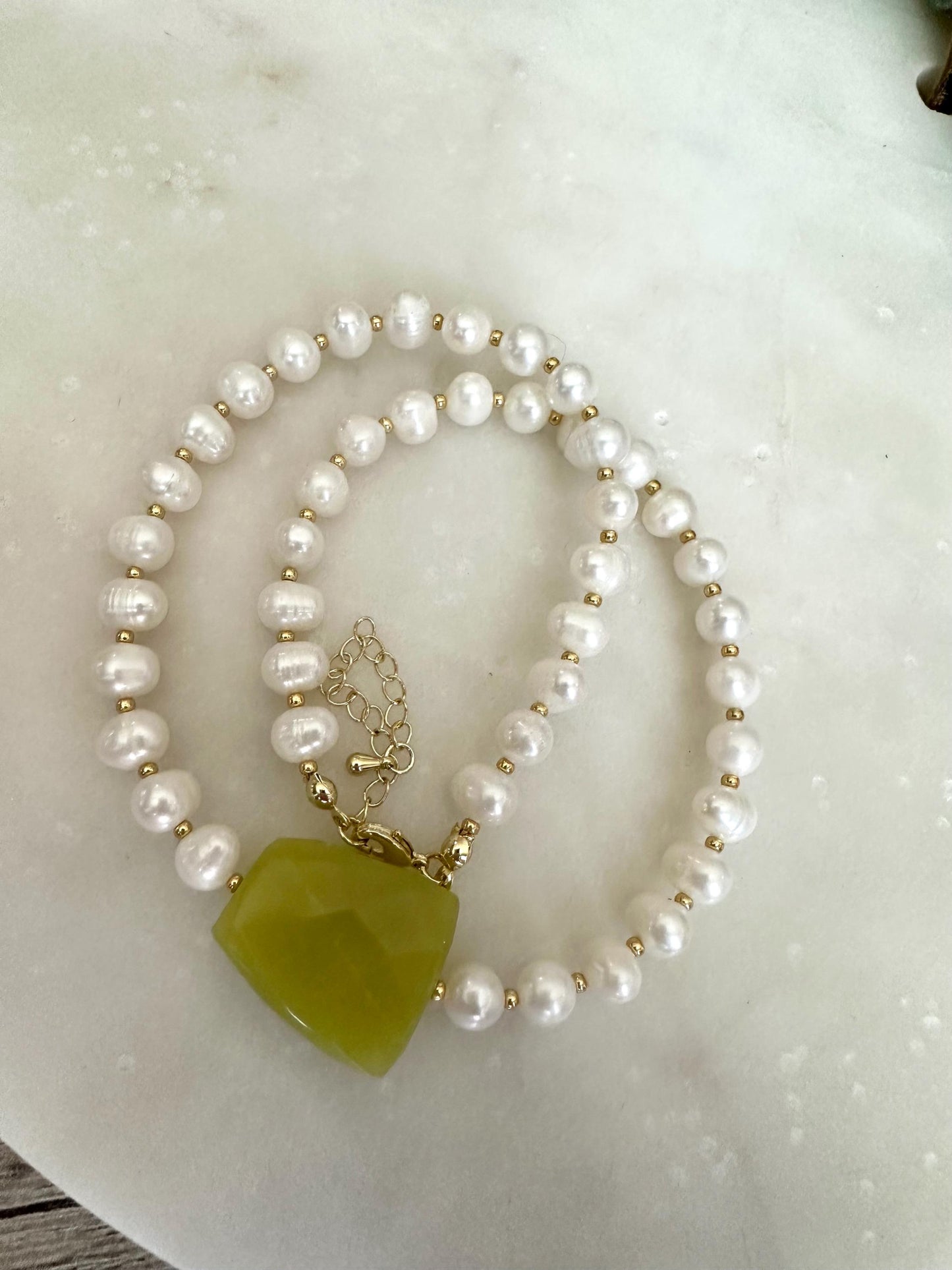 Green Jade Freshwater Pearl Statement Necklace, Gold Filled Clasp