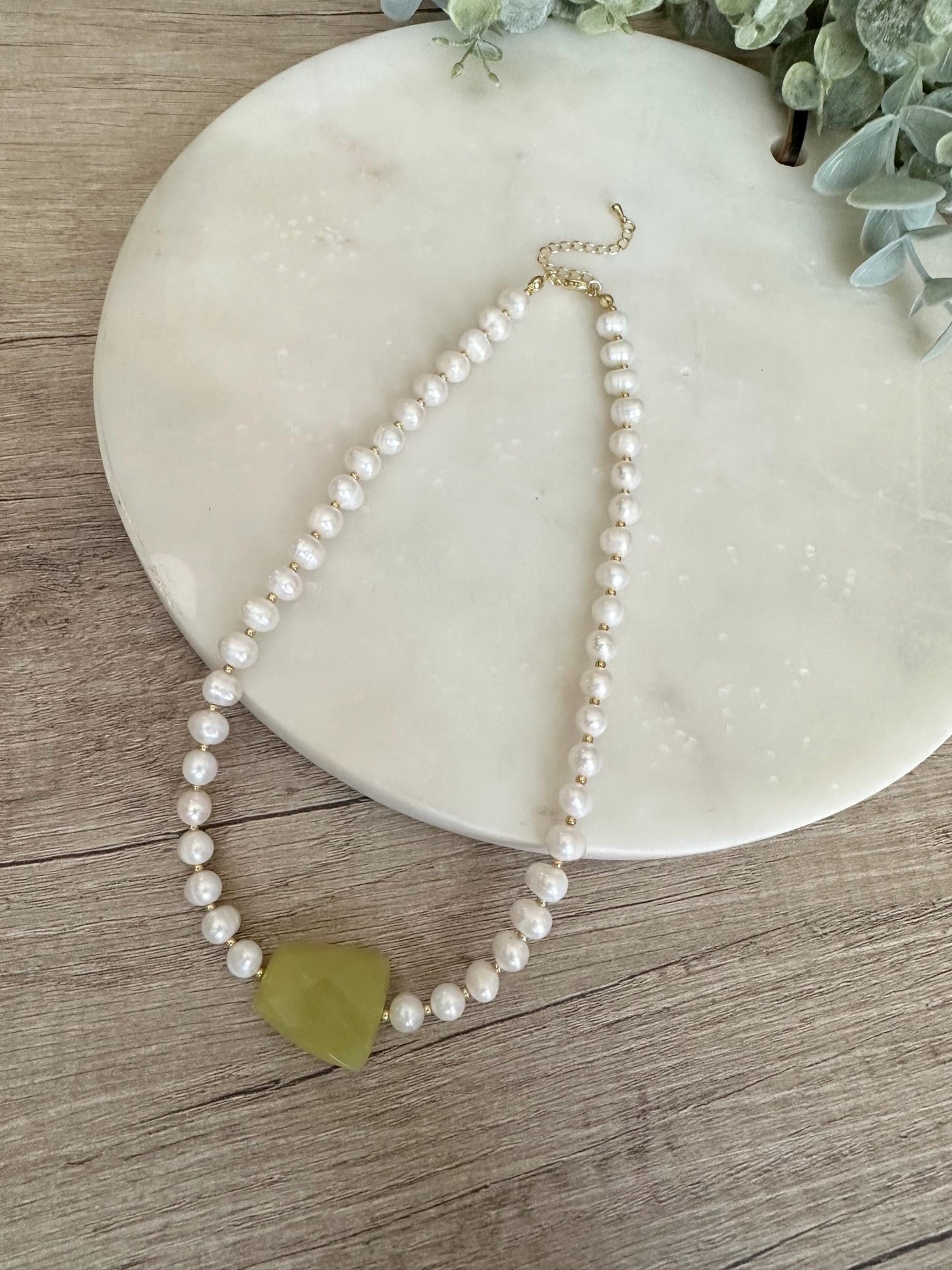 Green Jade Freshwater Pearl Statement Necklace, Gold Filled Clasp