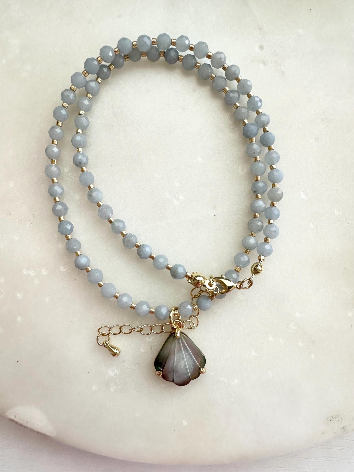 Gray Blue Jade Necklace with Mother of Pearl Shell Pendant | Minimalist Coastal Gemstone Necklace