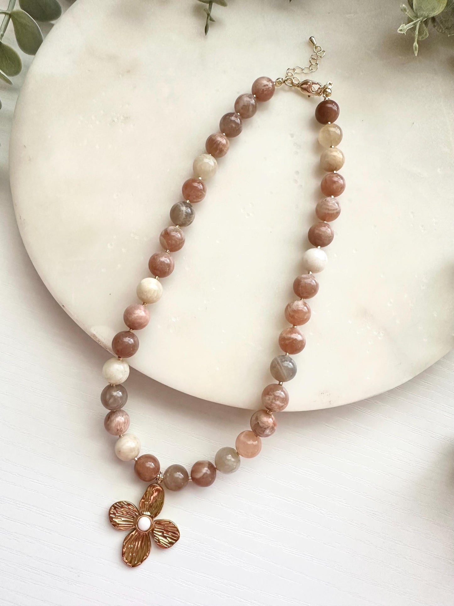 Multicolor Moonstone Necklace, Flower Pendant, Neutral Necklace, Beaded Jewelry