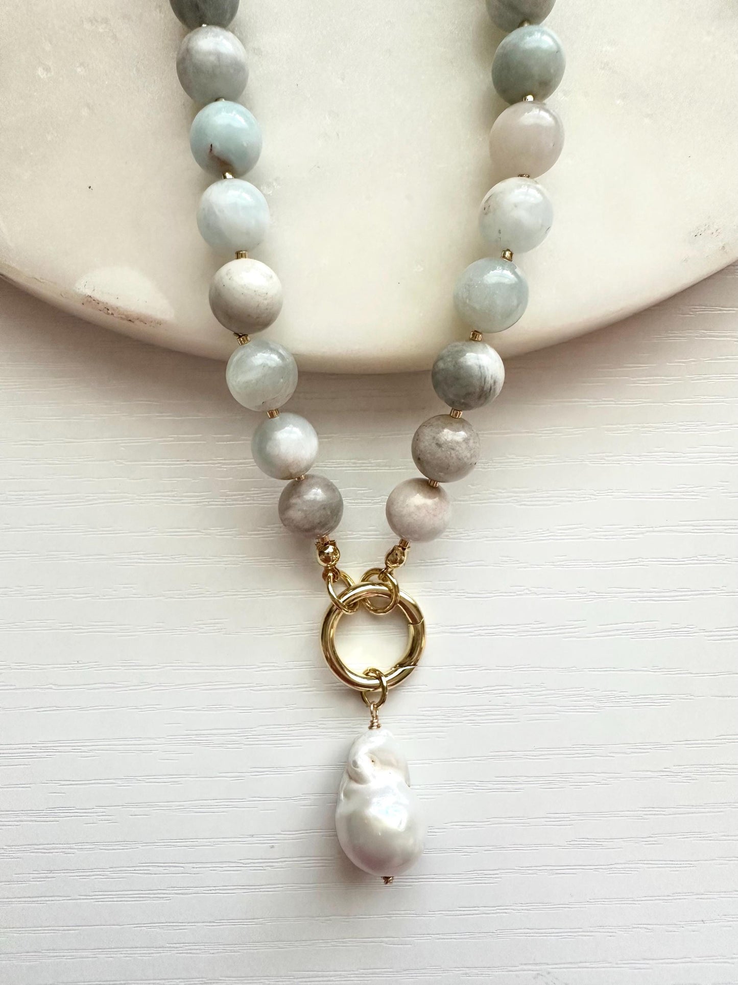 Aquamarine Necklace, Freshwater Pearl Pendant, Blue Necklace, Beaded Jewelry,  Statement Necklace