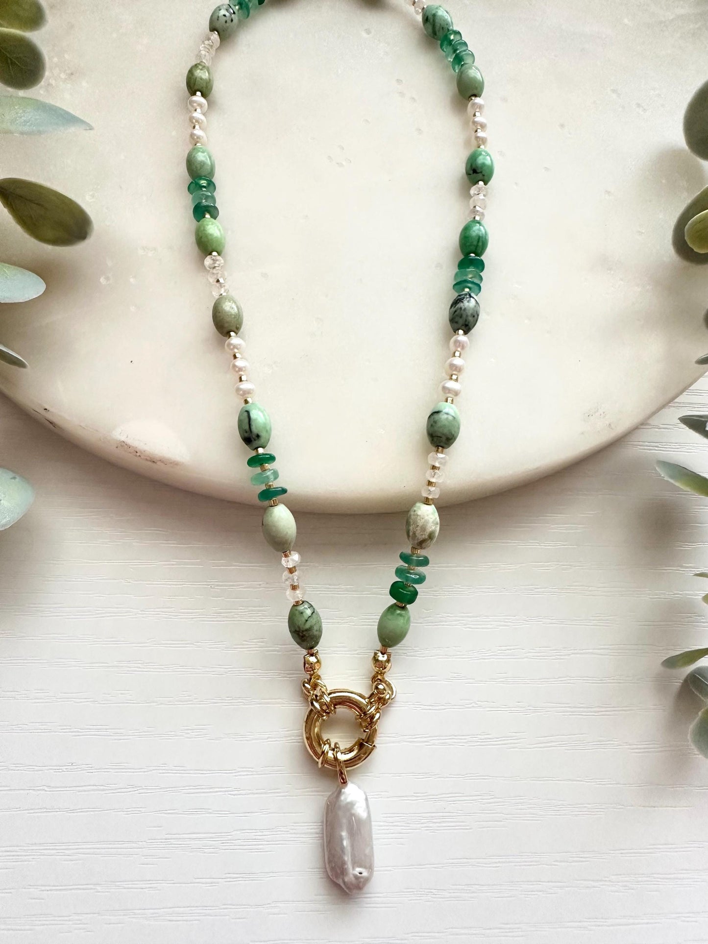 Chrysoprase Pearl Necklace, Green Onyx Necklace, Freshwater Pearl Necklace, Rainbow Moonstone Necklace, Coastal Gemstone Necklace