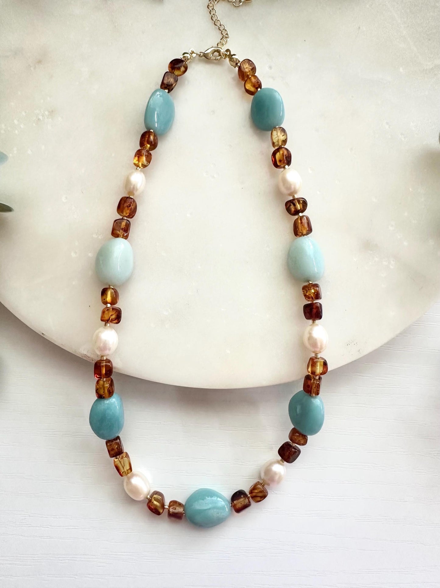 Amber & Amazonite Pearl Necklace | Freshwater Rice Pearl Gemstone Necklace | Coastal Statement Jewelry