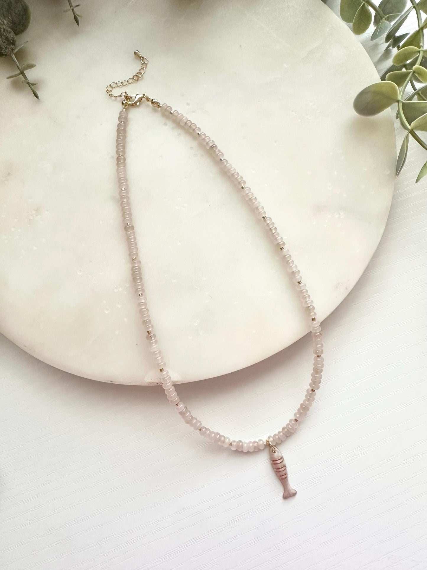 Pale Pink Jade Necklace with Pink Fish Dainty Pendant | Minimalist Coastal Gemstone Necklace