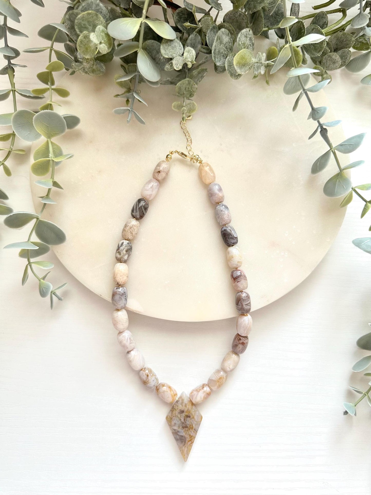 Bamboo Leaf Agate Necklace, Agate Pendant Necklace, Neutral Gemstone Necklace, Statement Stone Necklace