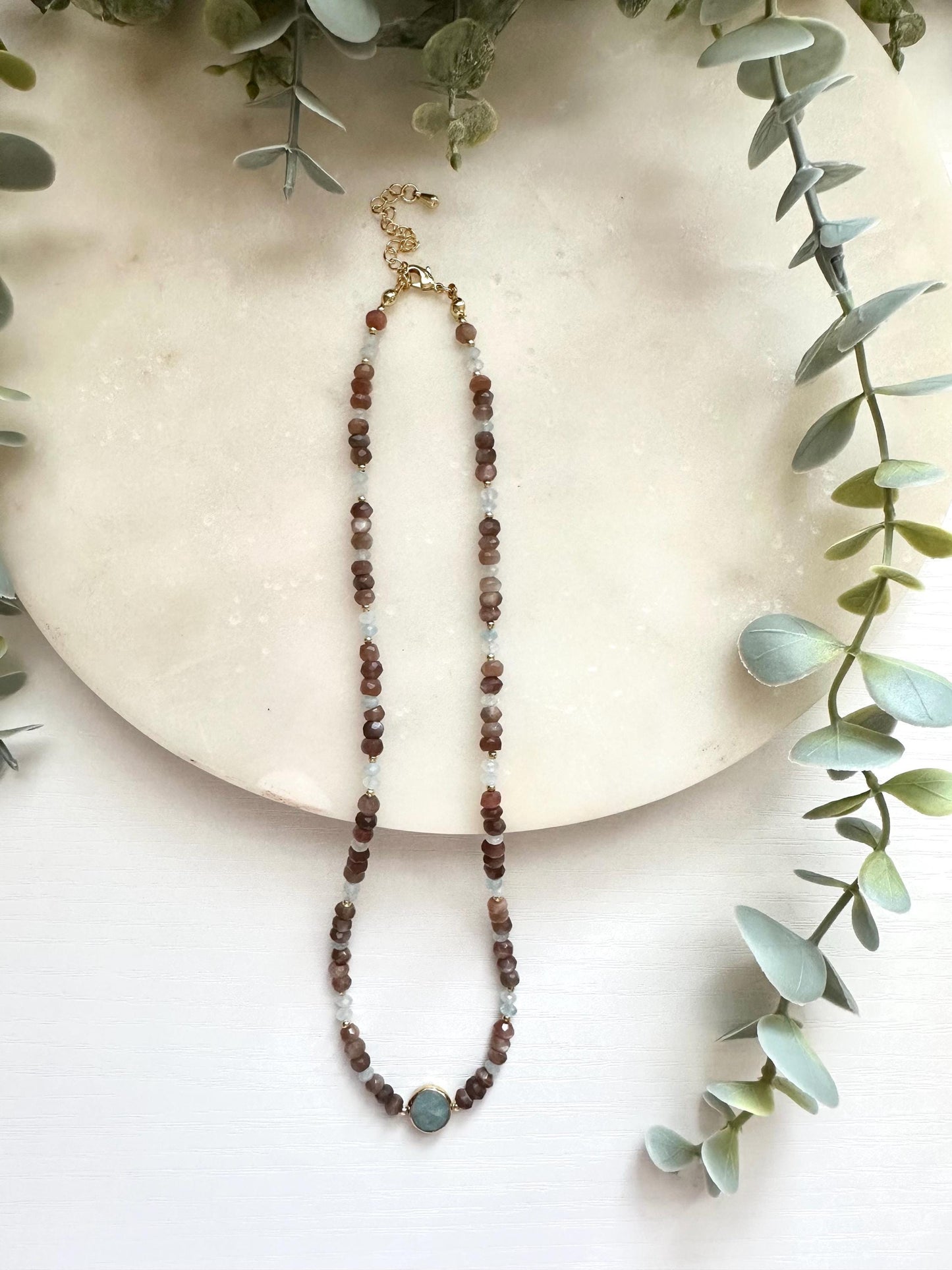 Chocolate Moonstone & Aquamarine Necklace, Aquamarine Pendant Necklace, Brown Moonstone Necklace