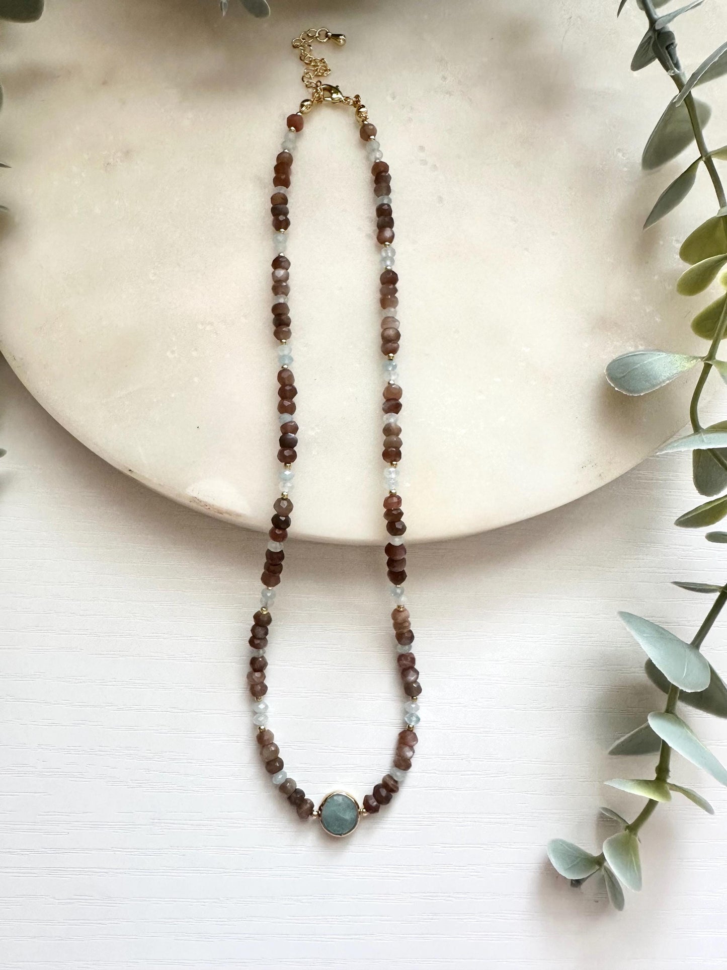 Chocolate Moonstone & Aquamarine Necklace, Aquamarine Pendant Necklace, Brown Moonstone Necklace