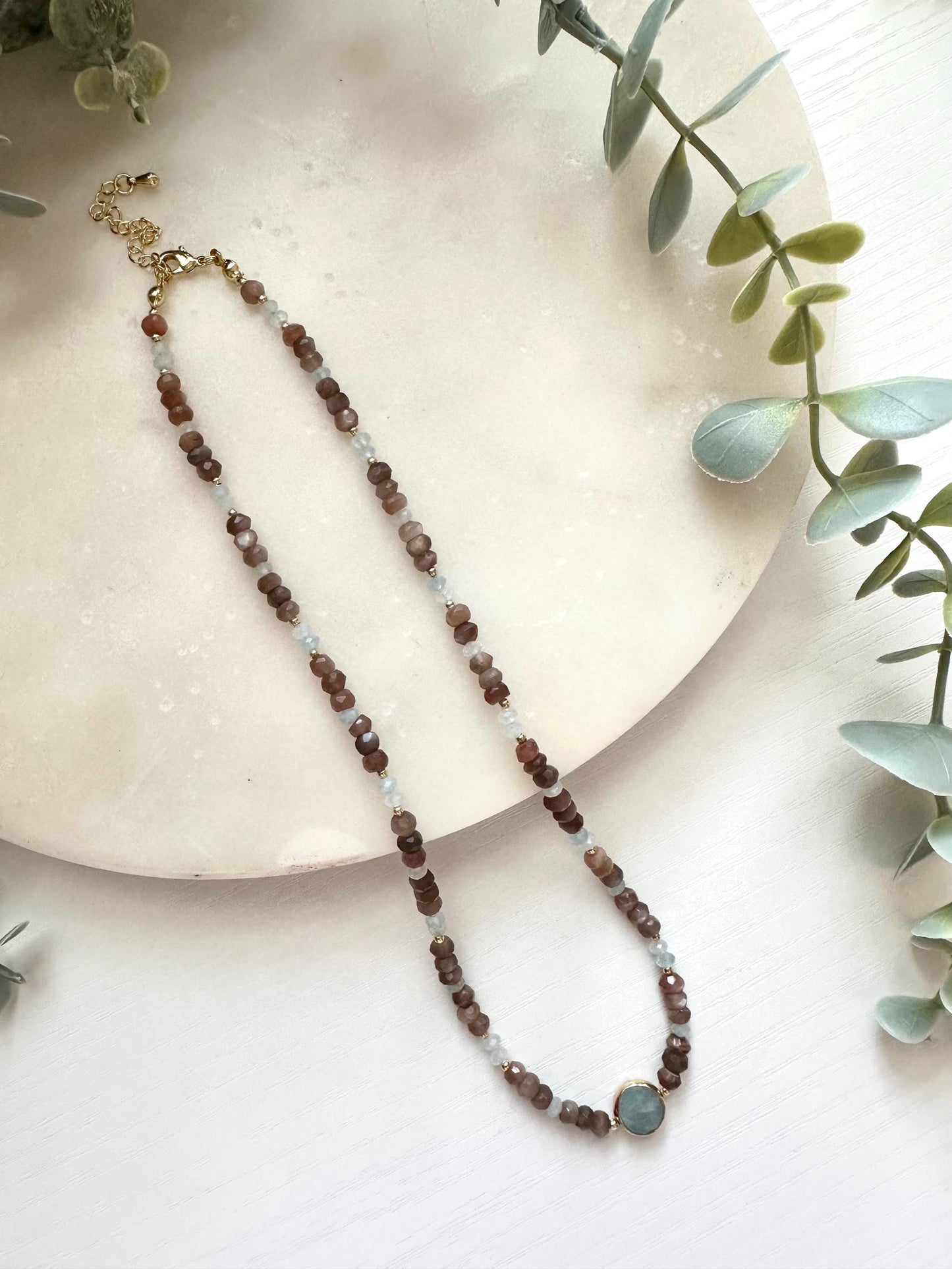 Chocolate Moonstone & Aquamarine Necklace, Aquamarine Pendant Necklace, Brown Moonstone Necklace