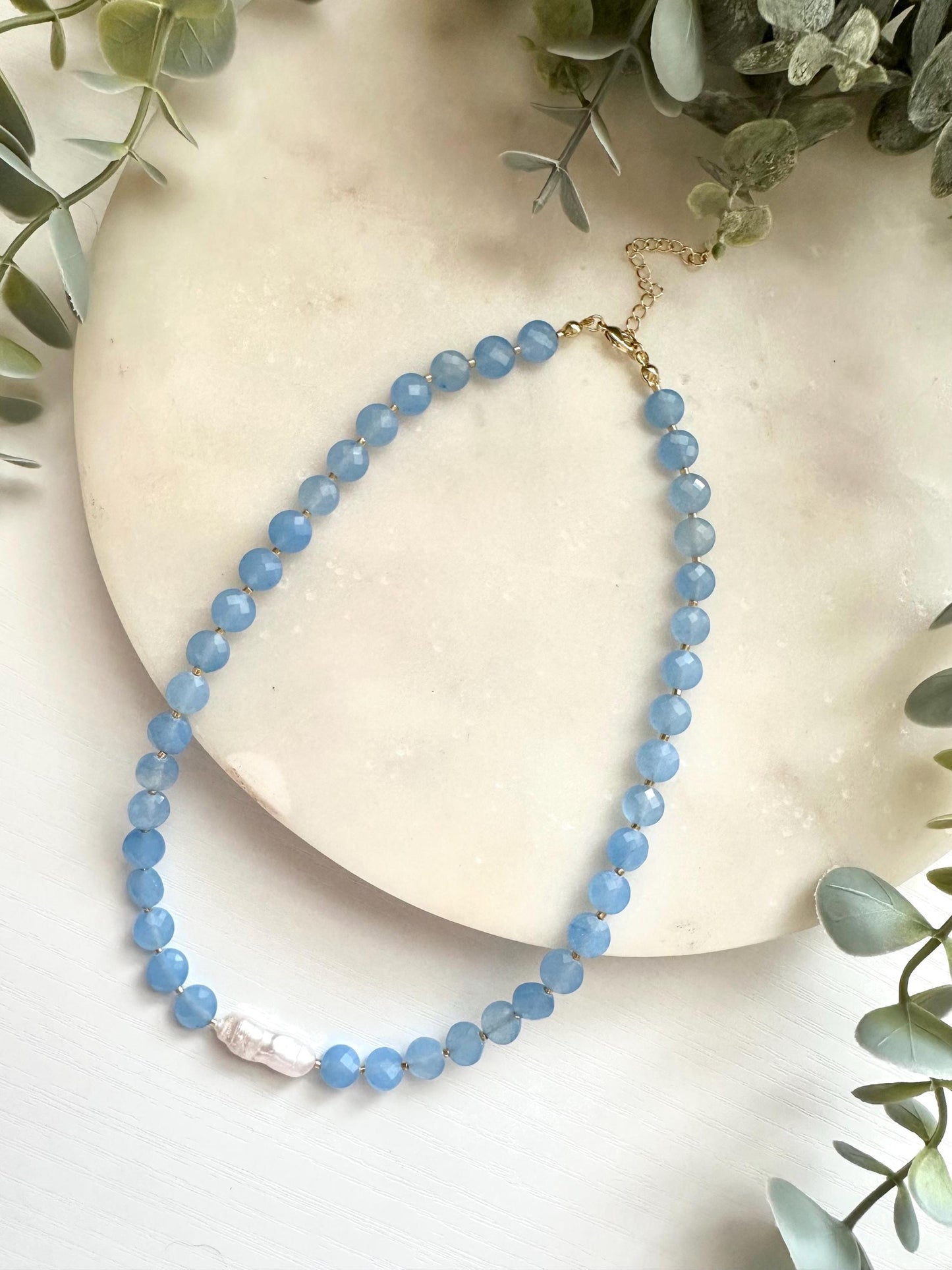 Blue Jade & Freshwater Biwa Pearl Necklace, Blue Gemstone Necklace, Pearl Statement Necklace