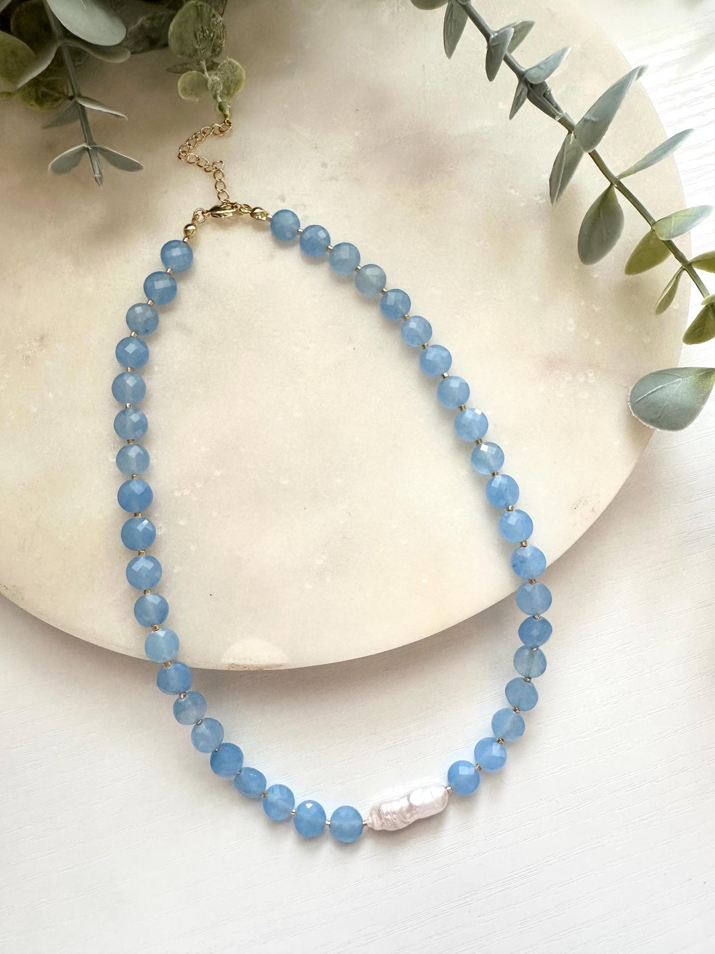 Blue Jade & Freshwater Biwa Pearl Necklace, Blue Gemstone Necklace, Pearl Statement Necklace