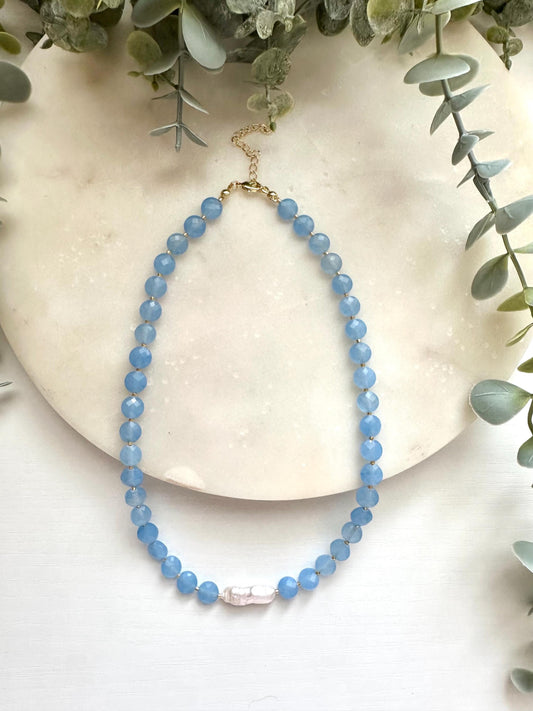 Blue Jade & Freshwater Biwa Pearl Necklace, Blue Gemstone Necklace, Pearl Statement Necklace